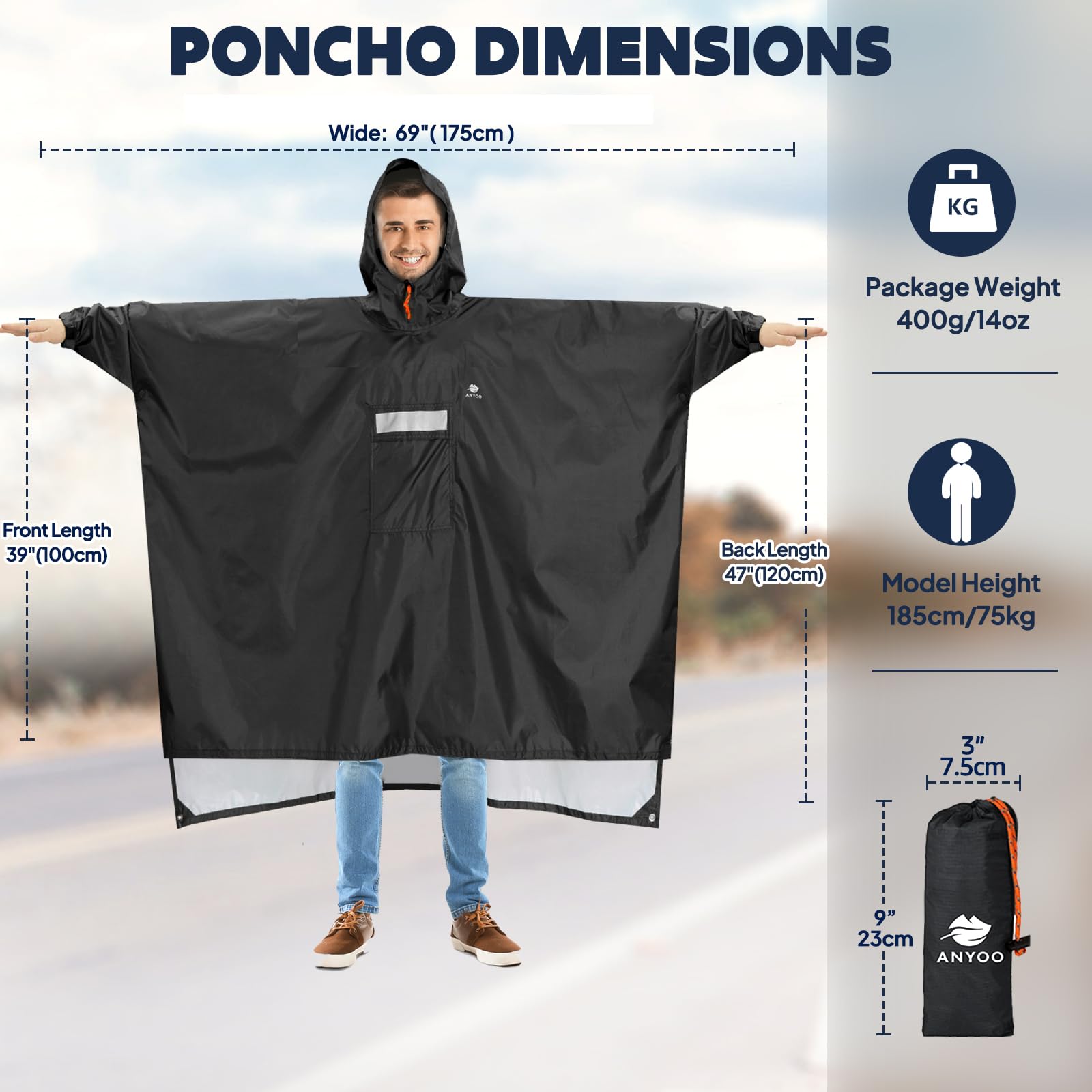 ANYOO Impermeabile Poncho Pioggia Riutilizzabile Multiuso Impermeabile con Cappuccio Packable Telo Riparo a Terra Foglio Ideale per Campeggio all'aperto Pesca Sopravvivenza,Taglia Unica