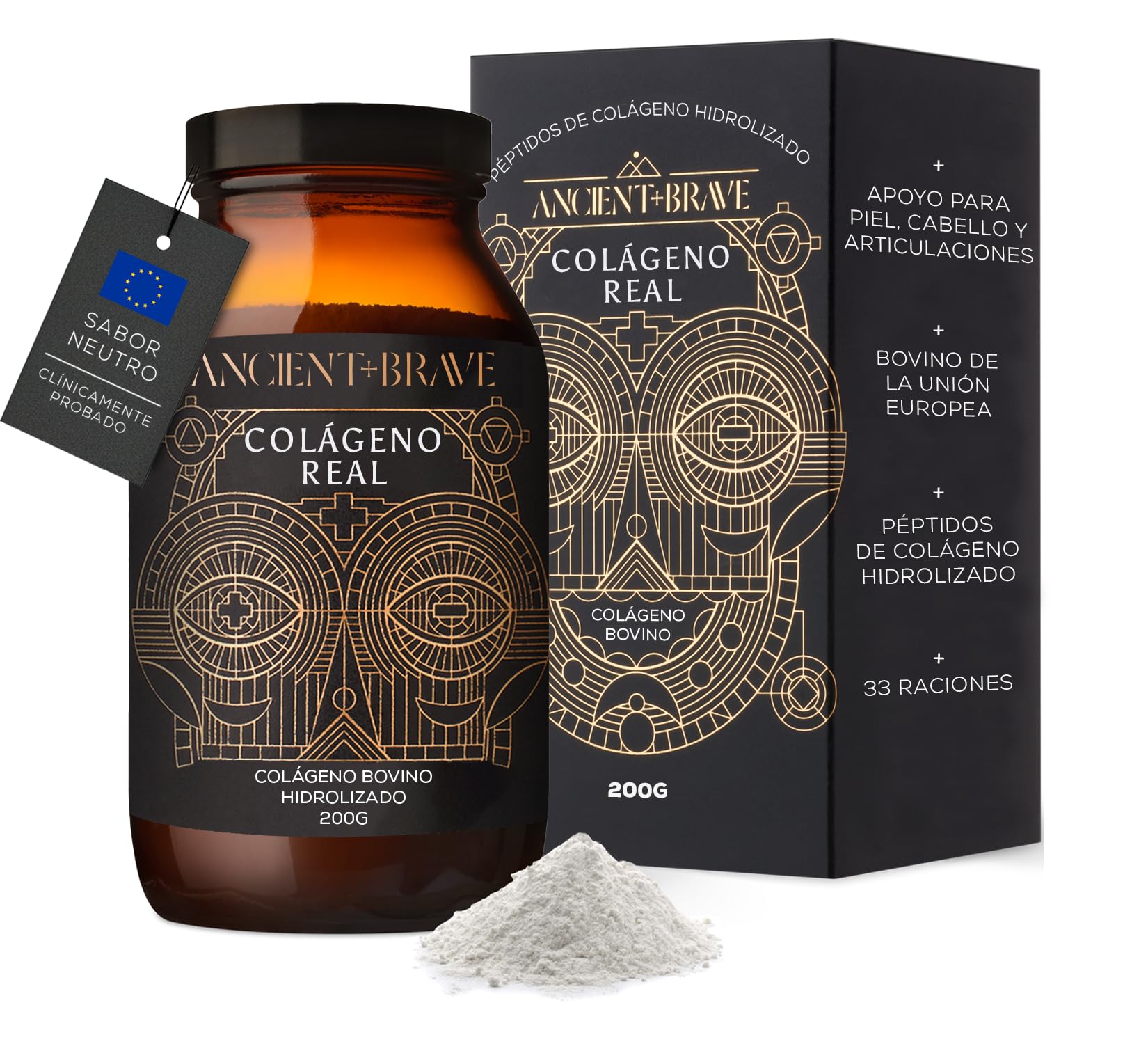 Ancient + Brave | True Collagen | 100% Péptidos de Colágeno Hidrolizado en Polvo | 33 Raciones - 200 g | Colágeno Bovino Europeo | Alto en Proteínas | Ayuno y Keto | Piel, Cabello y Uñas