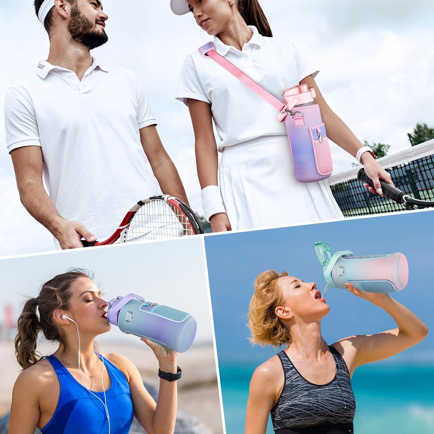 64oz Half Gallon Water Bottle With Sleeve, Water Bottles with Time Marker/Straw/Chug One Lids, Leakproof Tritan BPA Free Reusable Water Jug Easy Carry for Adult and Kids Gym Sports Outdoors