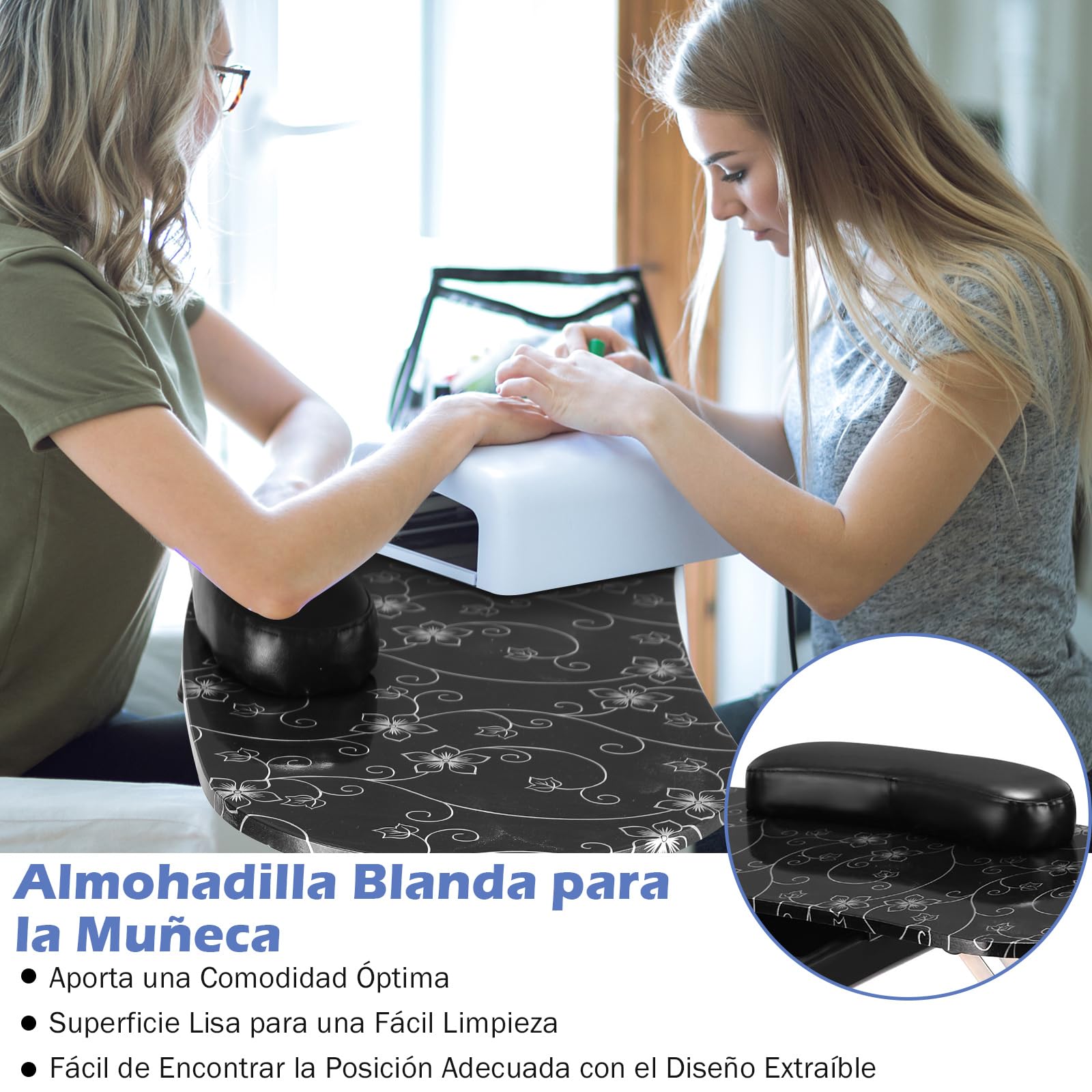 COSTWAY Mesa de Manicura con Ruedas Plegable Portátil con Caja de Almacenamiento y Almohada para la Muñeca para Uña Decoración