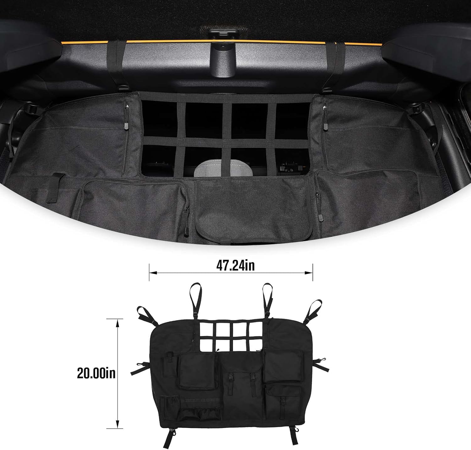 Jimen Compatible with Ford Bronco 4-Door 2021-2023, Rear Seat Dog Divider Pet Barrier Cargo Net, Trunk Organizer Pouch Bag Interior Storage Accessories