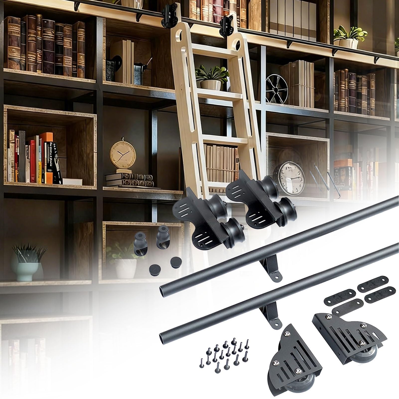 Kit échelle de bibliothèque coulissante avec rail rétractable de 5m et roulettes