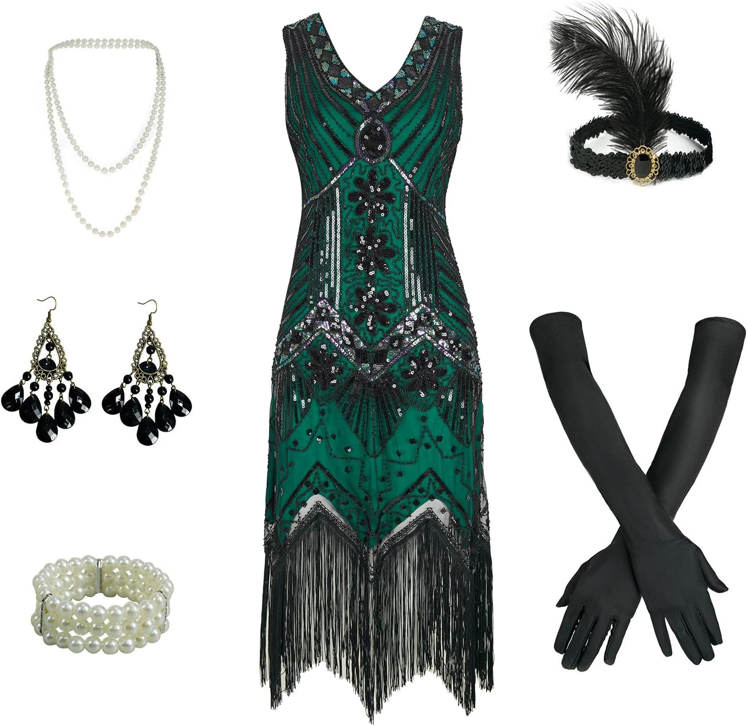 Women's 1920s Flapper Dress Vintage Lace Fringed Gatsby Cocktail Dress with 20s Accessories Set - Image 2