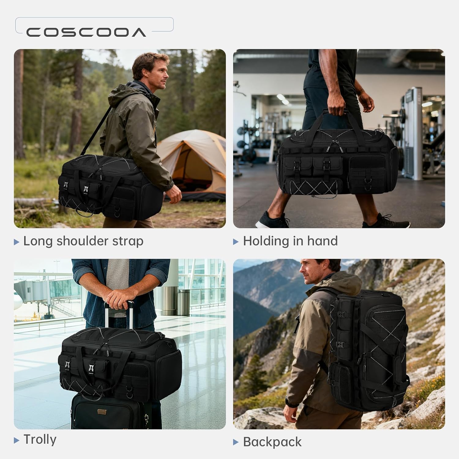 Gym Bags for Men with Shoe Compartment 60L Tactical Duffle Bag 3 in 1 Carry on Duffel Bag Travel Backpack Weekender Overnight Range Bag for Workout Football, Black - Image 8