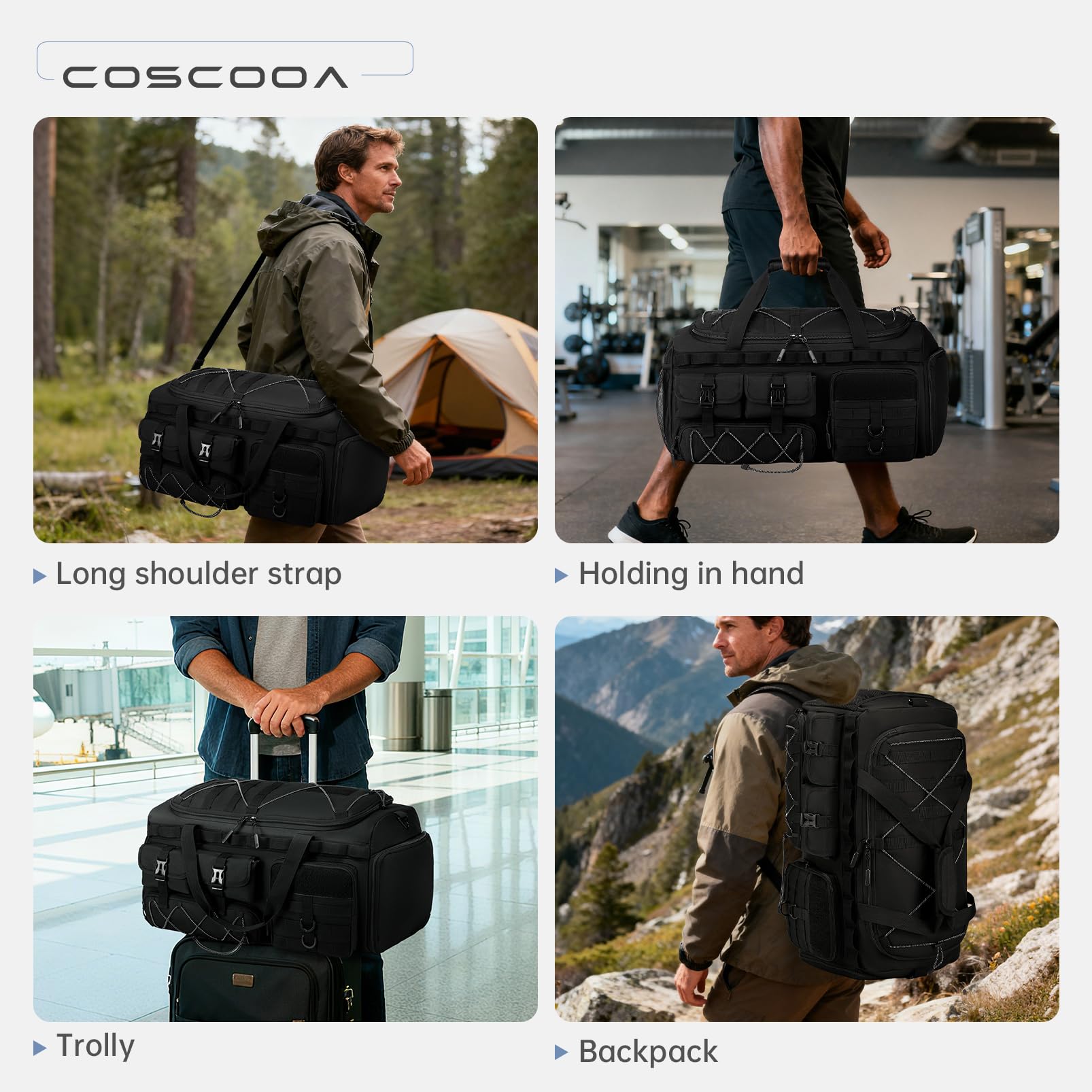 Turnbeutel für Herren mit Schuhfach, 50 l/60 l, taktische Reisetasche, 3-in-1-Handgepäcktasche, Reiserucksack, Wochenender, Übernachtungstasche für Workout, Fußball, Schwarz, Schwarz, 60L