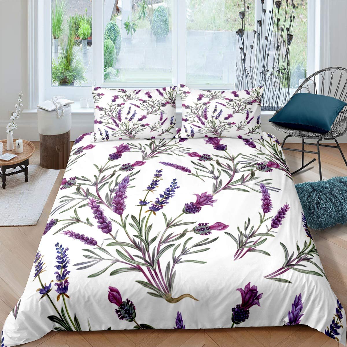 Loussiesd Lavender Comforter Cover Set,Purple Lavender Blossom Flower Print Bedding Duvet Cover Set Nature Theme Botanical Bedspread Quilt Cover Floral Print Bedroom Gift Decor 2 Pcs Single Size