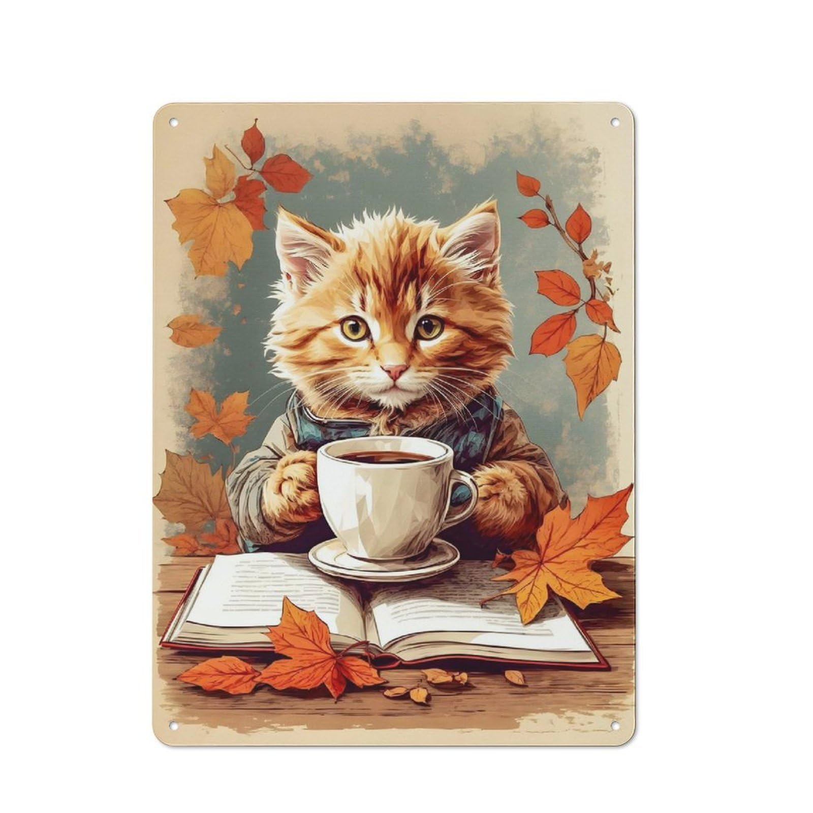 Junmoney Kitten Enjoying Coffe Industrial-Style Metal Sign 40X30cm For Home Bar Wall, Housewarming Wall Decor For People Furnishing Home Bar