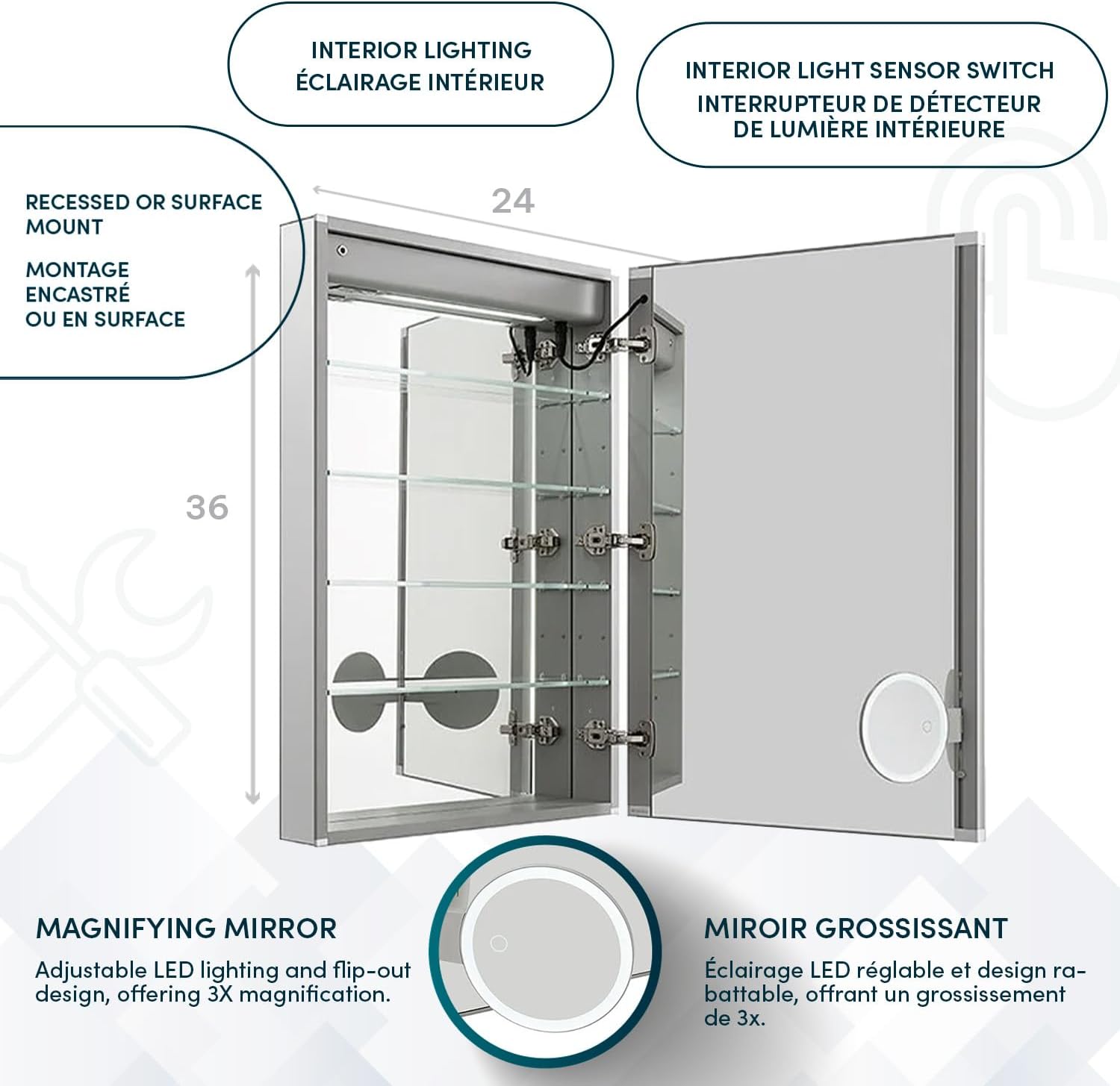 Signature Royale LED Lighted Medicine Cabinet Defogger, 3X LED Lighted Vertically Adjustable Magnifying Mirror, Digital Clock, Electrical Outlets Recessed or Surface Mount (24W x 36H x 5D Right Hinge)