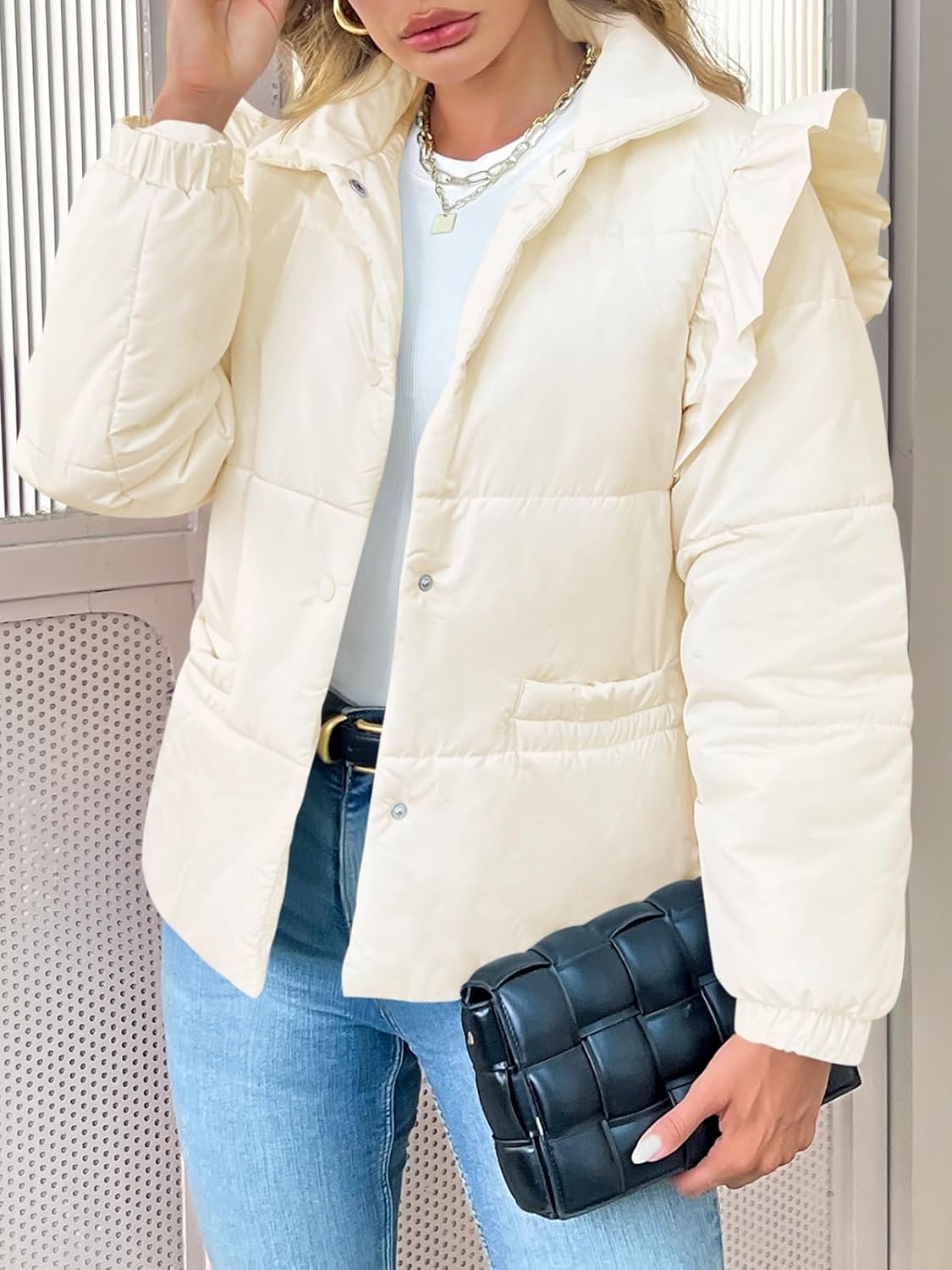 Tankaneo Womens Puffer Quilted Jacket Winter Ruffle Sleeve Button Down Padded Coat with Pockets