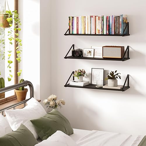 Miniatura 4 de BAMEOS Estantes flotantes de 24 x 8 pulgadas, juego de 3 estantes de pared de madera rústica, estantería para sala de estar, oficina y dormitorio,