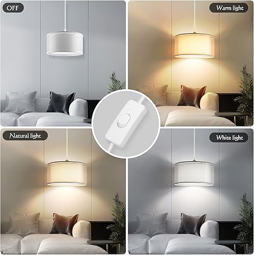 Miniatura 3 de Lámpara colgante enchufable, luces colgantes de cable blanco de 15 pies con cable de enchufe, luz colgante con interruptor de encendidoapagado,