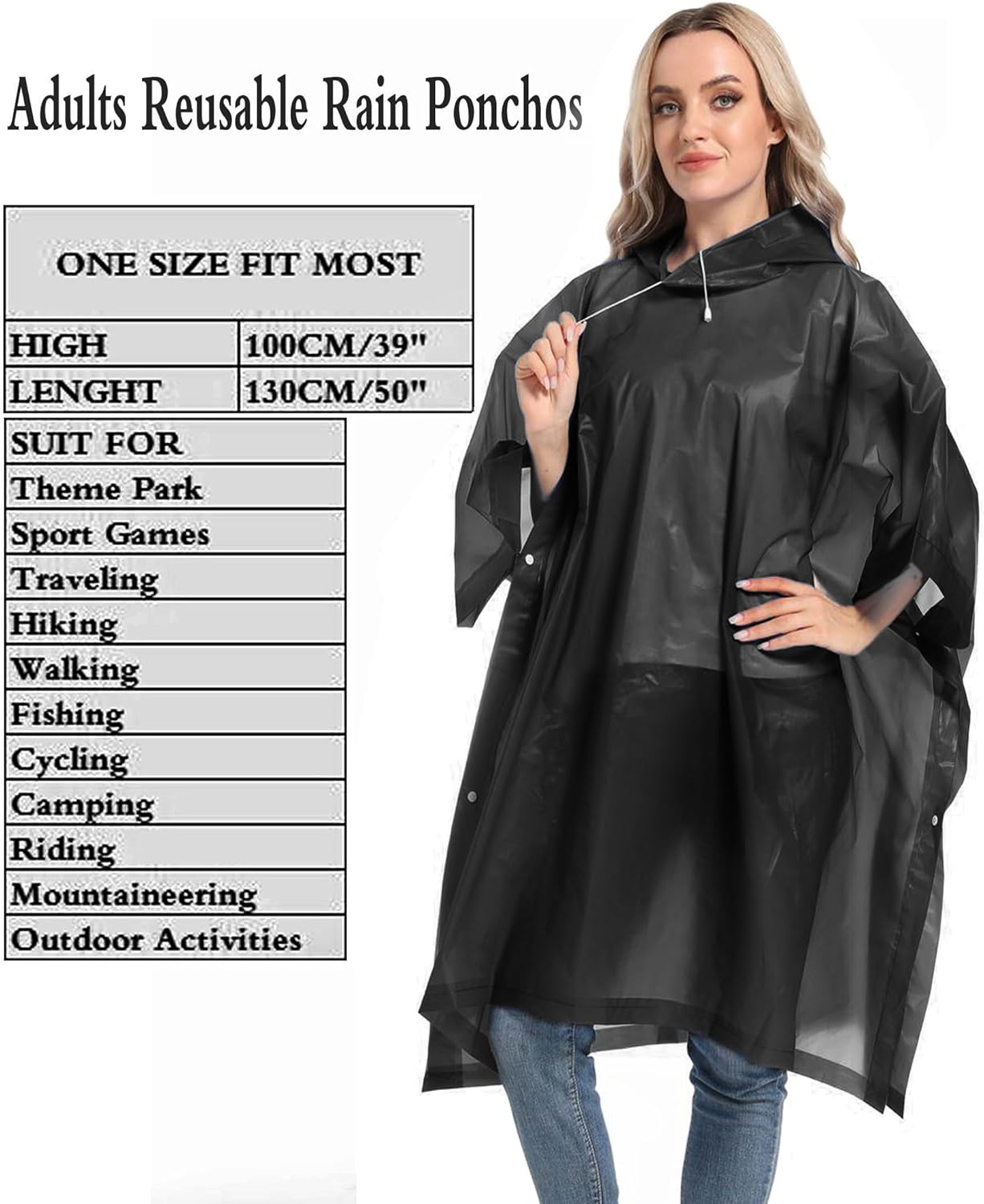 Reusable Rain Ponchos with Drawstring Hood for Adults, Waterproof Thicken Rain Coat, 2 Packs - Image 4