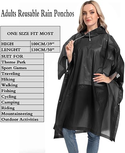 Miniatura 3 de Ponchos de lluvia reutilizables con capucha con cordón para adultos, abrigo de lluvia grueso impermeable, 2 paquetes