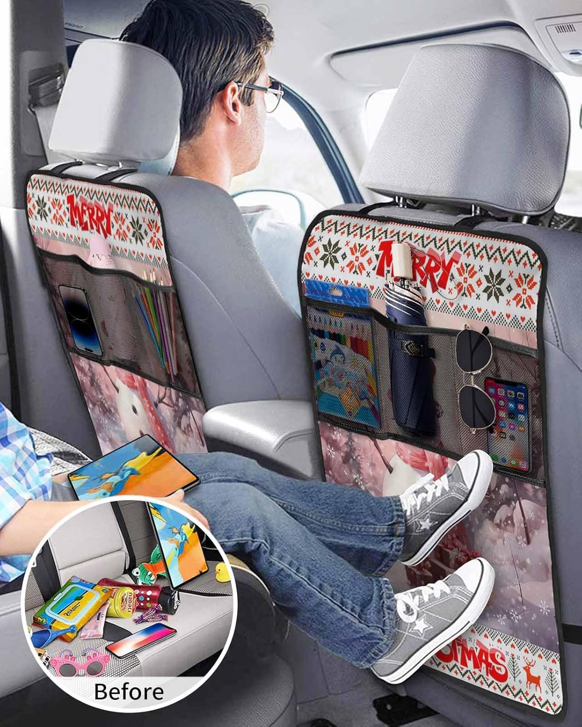 Car Seat Protector, 2 Pack Kick Mats with Organizer - 3 Pocket Storage, Christmas Snowman with Gifts Snow Covered Forest Back Seat Cover for Kids Universal Fit Automotive Interior Protectors