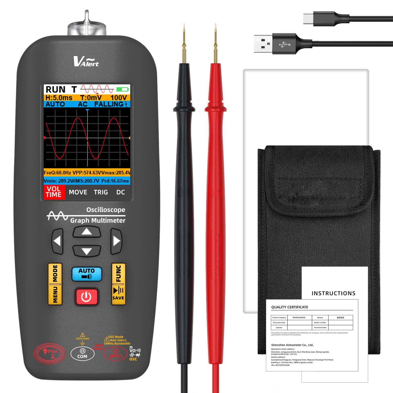 BSIDE O1X Digital Oszilloskop Multimeter TRMS mit Rogowski Spule Anschluss 6000A, Handheld Oszilloskop 10Mhz 48MSa/S Farb-LCD Datenübertragung Wiederaufladbares Stromprüfer Spannungsprüfer