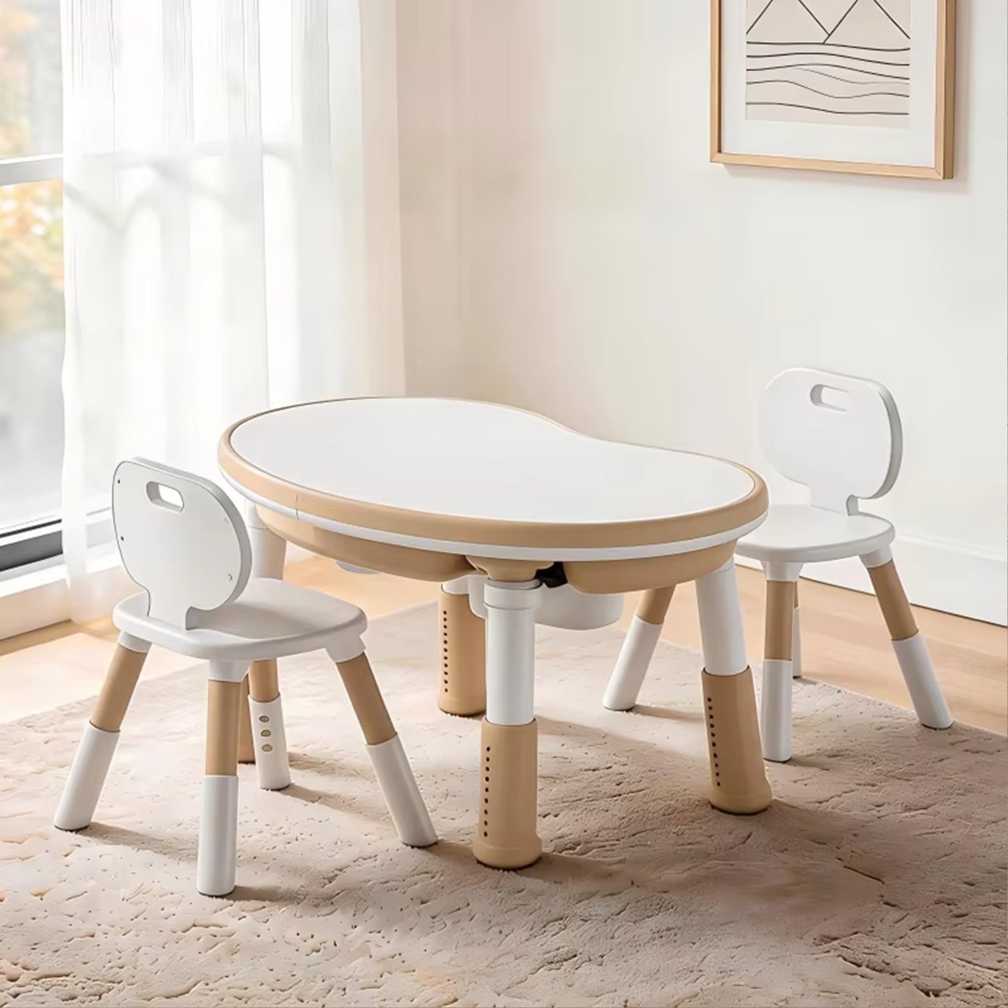 GAPPA Mesa y Silla Infantil 5en1: niños 3-8 años, Altura Regulable. Contenedor de Agua y Arena, Tablero Reversible para Bloques y Dibujo, 2 cajones (Beige)