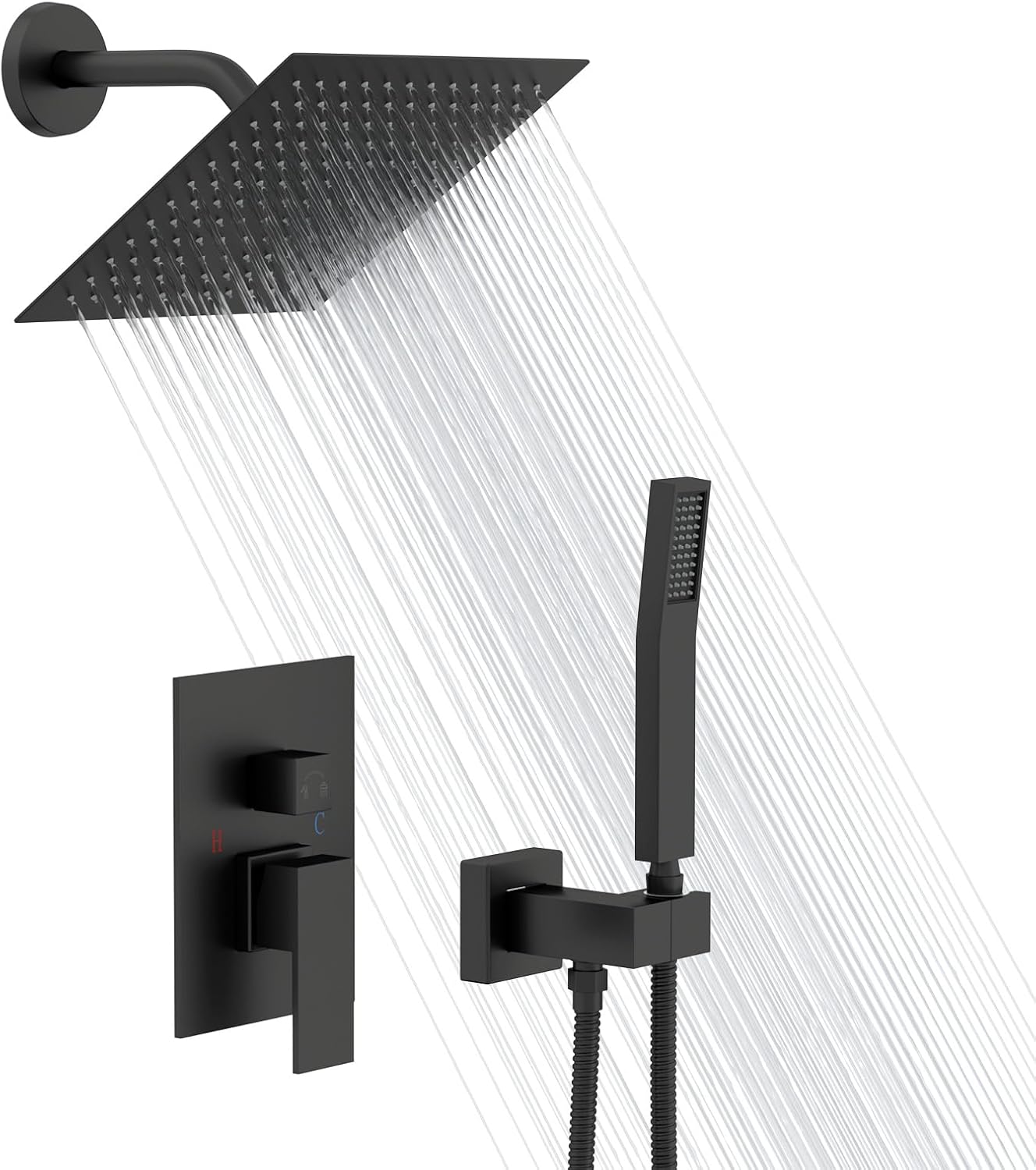 Black Shower Head Faucet - Lordear 8 Inch Wall Mounted Rain Shower System Set, Matte Black Stainless Steel Square Rainfall Shower Head with Handheld, Brass Valve Included