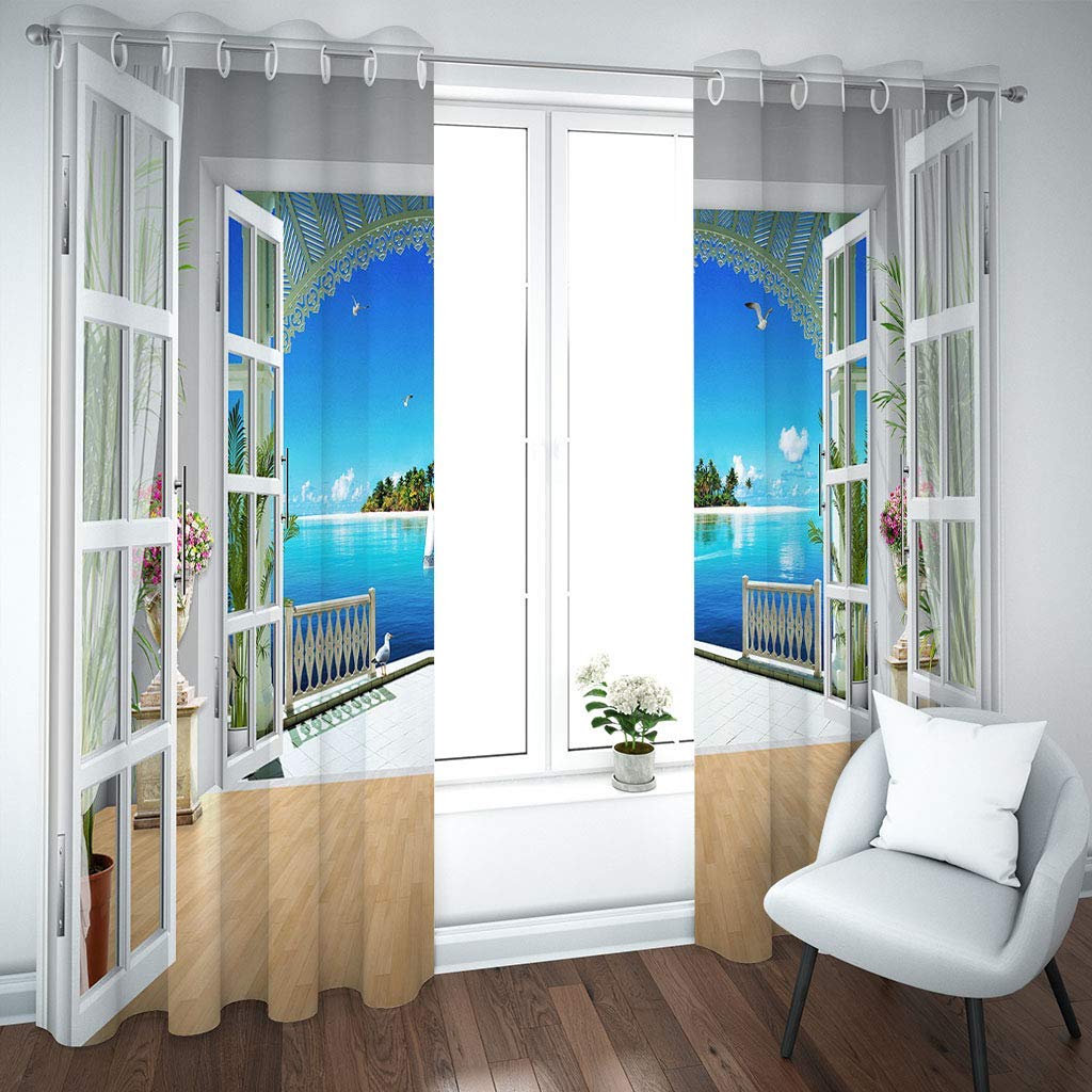 Cortinas Opacas Termicas Aislantes Frio Y Calor 280X260Cm（An X Al）Con Ojales 3D Balcón Con Vista Al Mar Azul Y Blanco Patrón Decoración Ventanas Para Habitacion Dormotorio Salon Modernas 2 Piezas