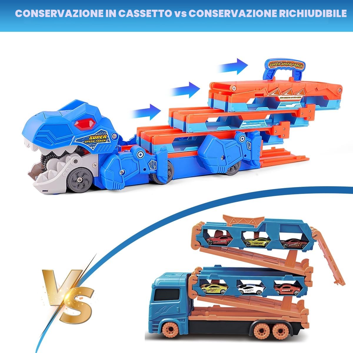 VATOS Dinosauro Trasporto Camion Giocattoli Auto per Ragazzi Età 3 4 5 6 7 8, Portatile Race Track Truck Auto Giocattoli Set con 6 Auto da corsa, Camion Carrier Play Veicoli Giocattoli Set per Bambini