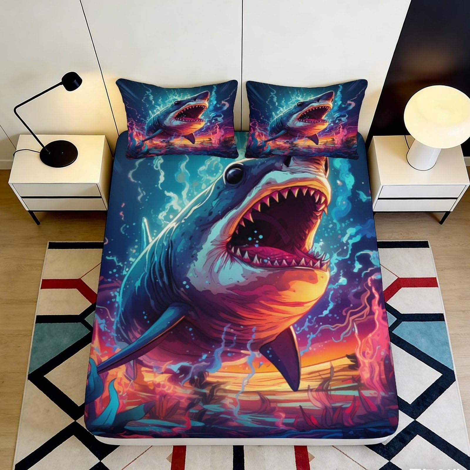 Dhbaneiok Style-4 3D Printed Shark Ocean Fitted Sheet Microfiber Vibrant Sunset Bed Cover For Bedroom Guest Room Mattress Decor 90X200x25cm