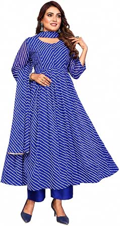 7 HORSE Women's Blue Striped Anarkali Kurta Set with Pants and Dupatta