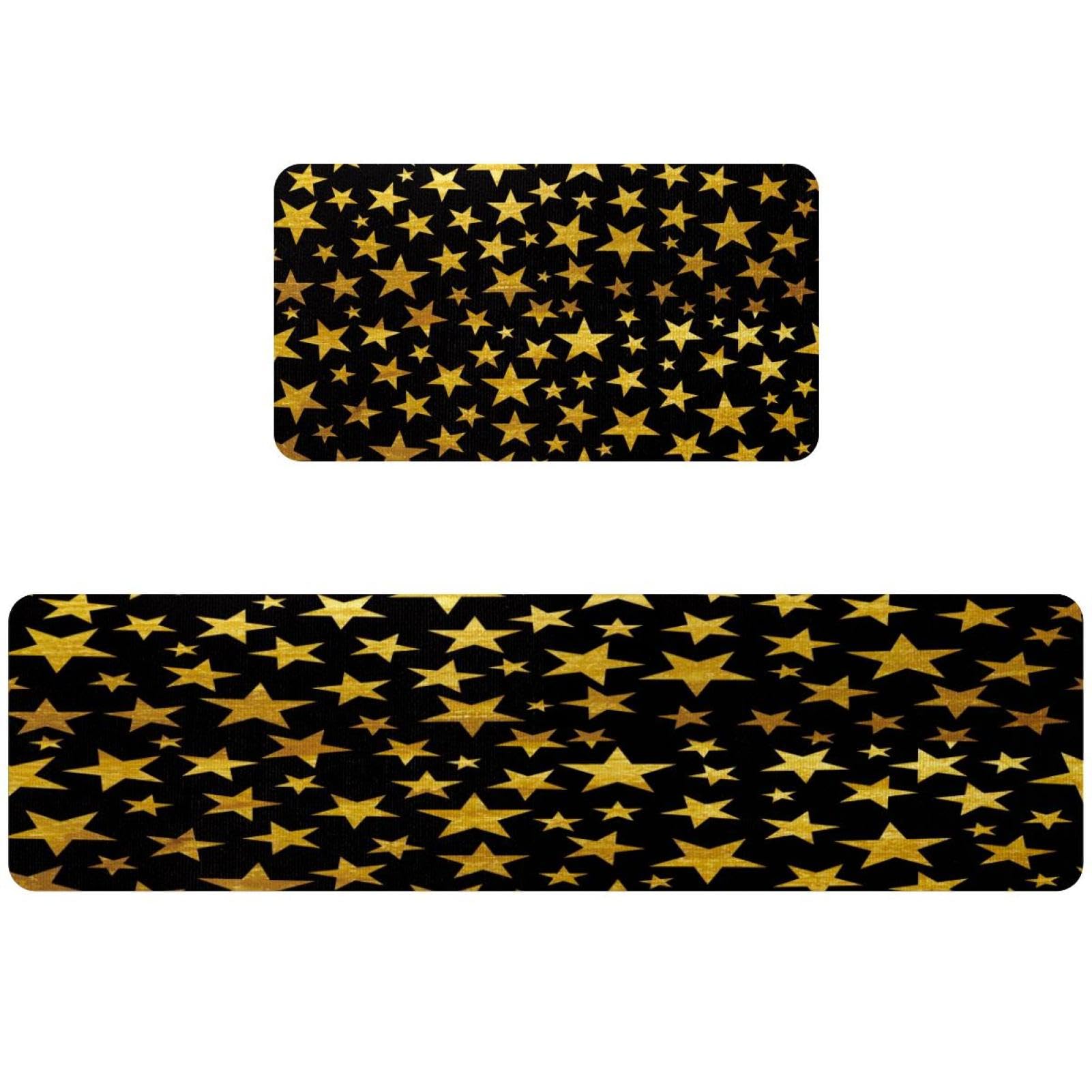 2 alfombrillas de cocina con fondo negro y patrón de estrellas doradas antideslizantes