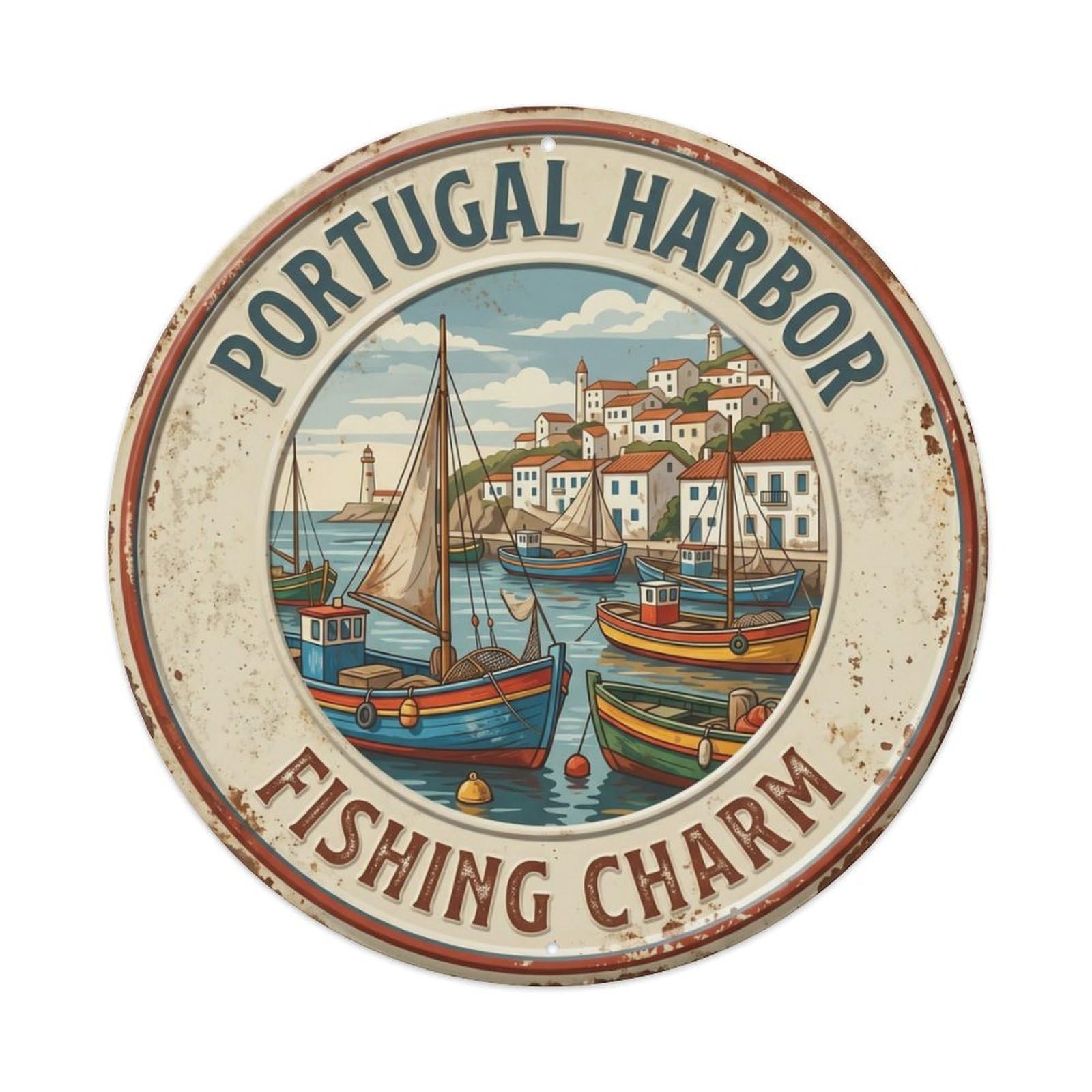Harbor Fishing Charm Portugal Coast Vintage Metal Tin Sign Plaque Wall Decor for Cafe, Club, Garden Round Metal Poster 8x8Inch