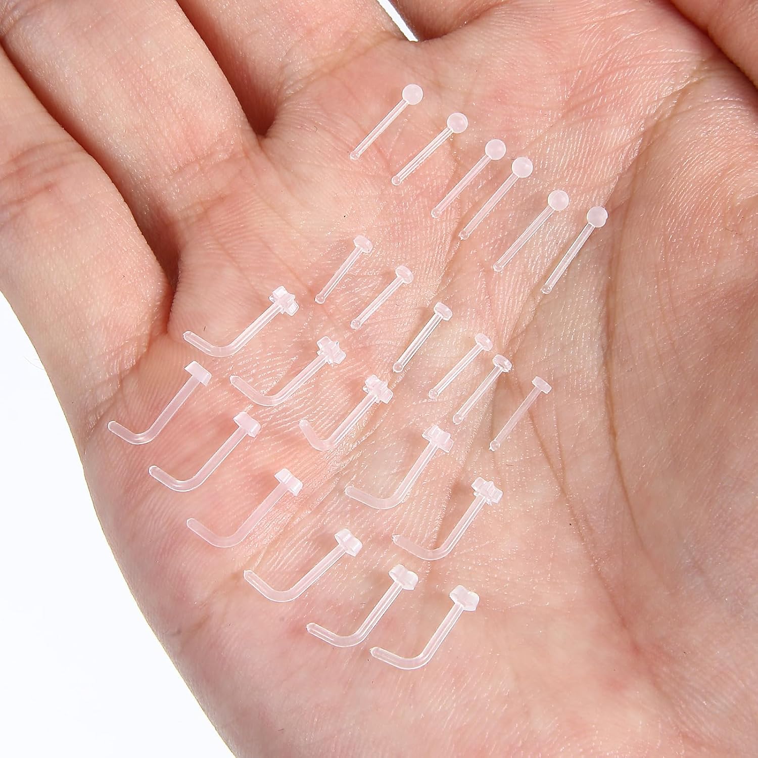 Clear Nose Studs, 24Pcs 20G Straight & L Shape Plastic Clear Nose Rings for Work Round Star Heart Flat Top Invisible Piercing Retainers for Surgery Sport, 7mm