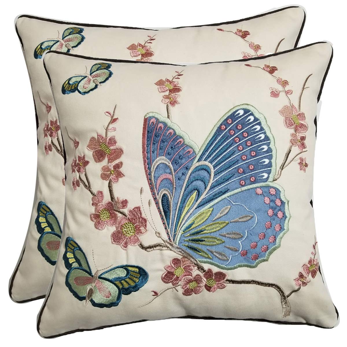 Orange Elephant Pack of 2 Embroidered Decoration Pillow Covers Cotton Cushion Cover Throw Pillow Cases for Sofa 18 X 18 Inches (Blue Butterfly)