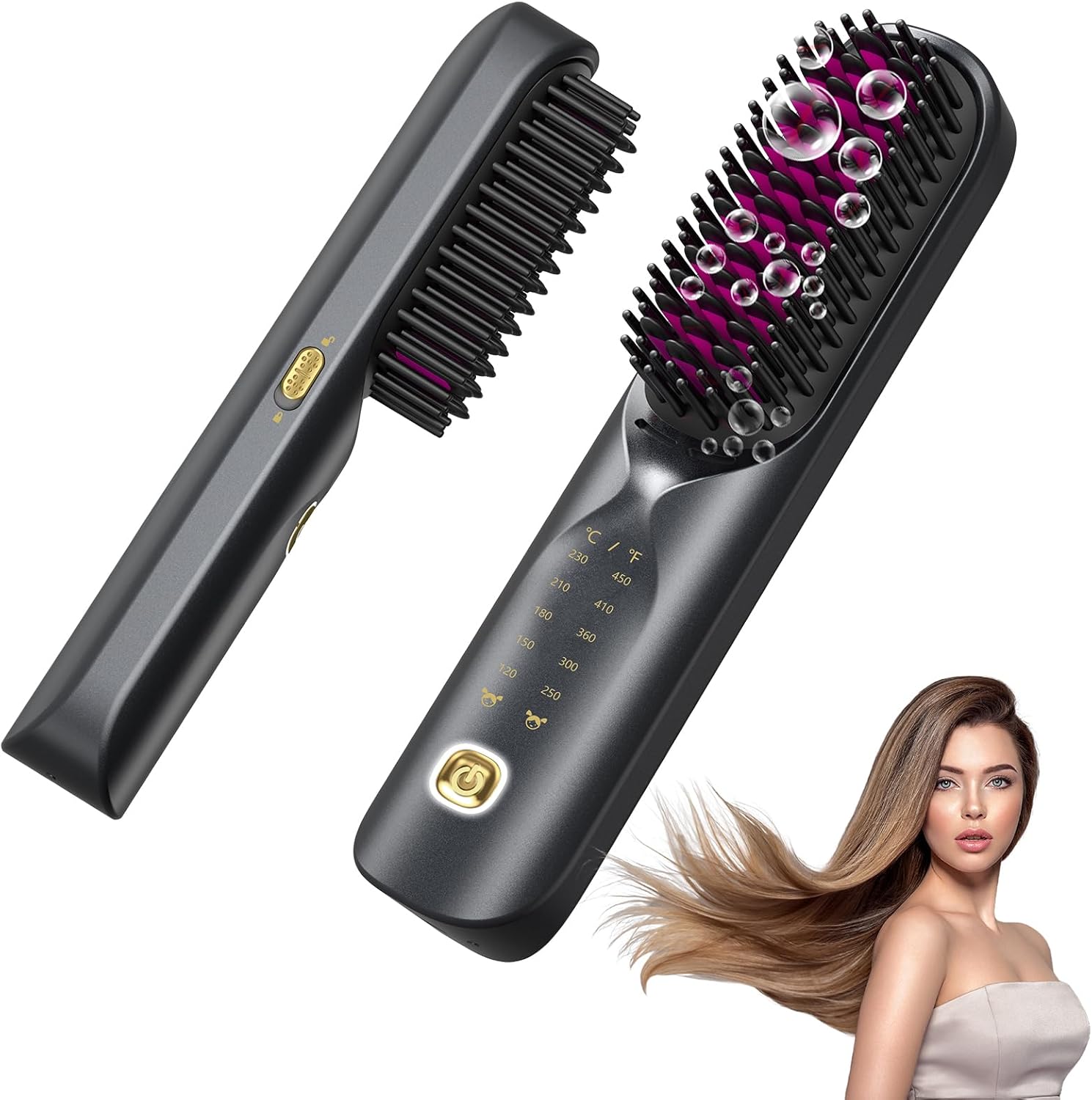 Cordless Hair Straightener Brush - Portable Hair Straightening Brush for Travel - 300M Negative Ions for Frizz-Free Shine, Touch Up On-The-Go, Fast Heating, Gift for Women, 10,000mAh (Raven Black)