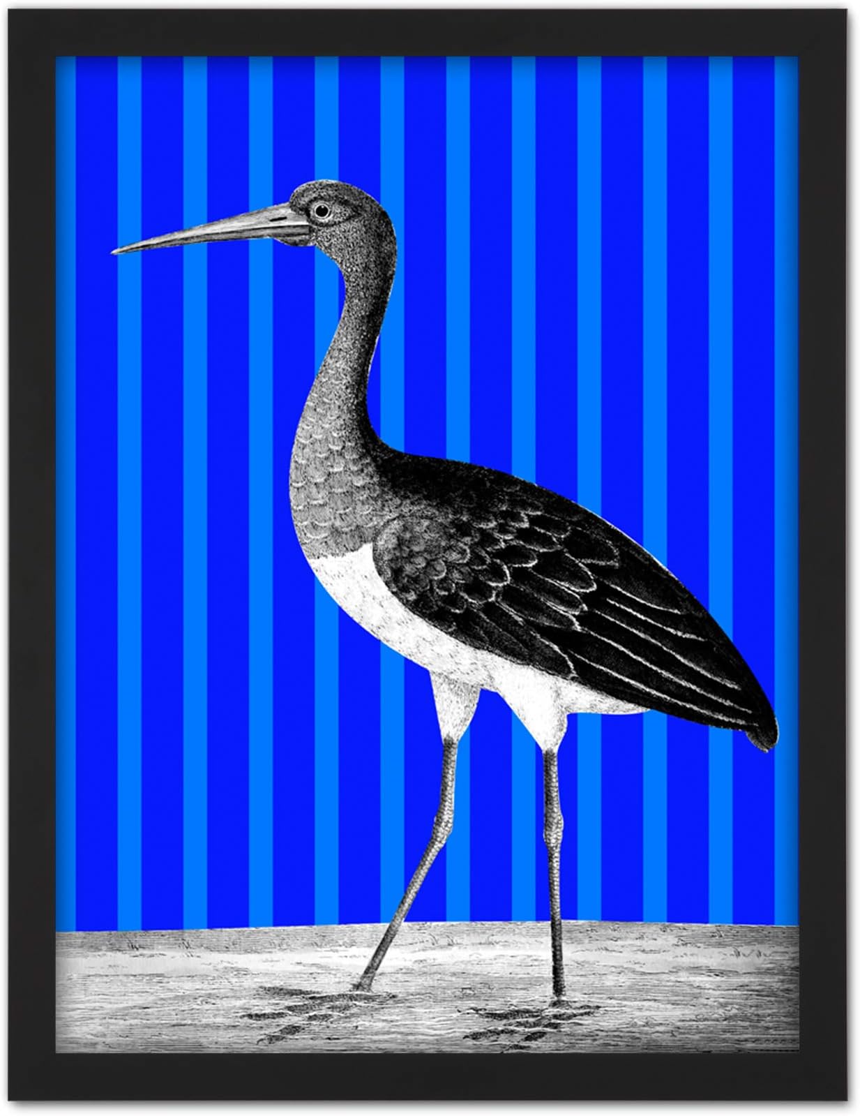 Tall Birds On Stripes Black Stork Artwork Framed Wall Art Print 18X24 Inch