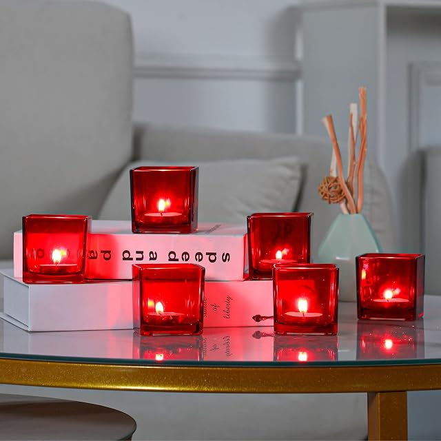 Qucover Red Glass Candle Holder, Set of 6 Tea Light Candle Holders Cube 6cm x 6cm, Morden Votive Candle Holder for Home Decoration Wedding Dining Party Birthday (Red)