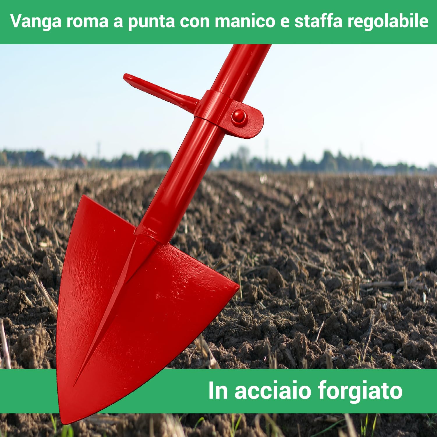 Crisalide Pala Roma con punta de acero forjado – con mango y soporte ajustable, ideal para huerto y jardín – Herramienta de excavación robusta para trabajos de tierra