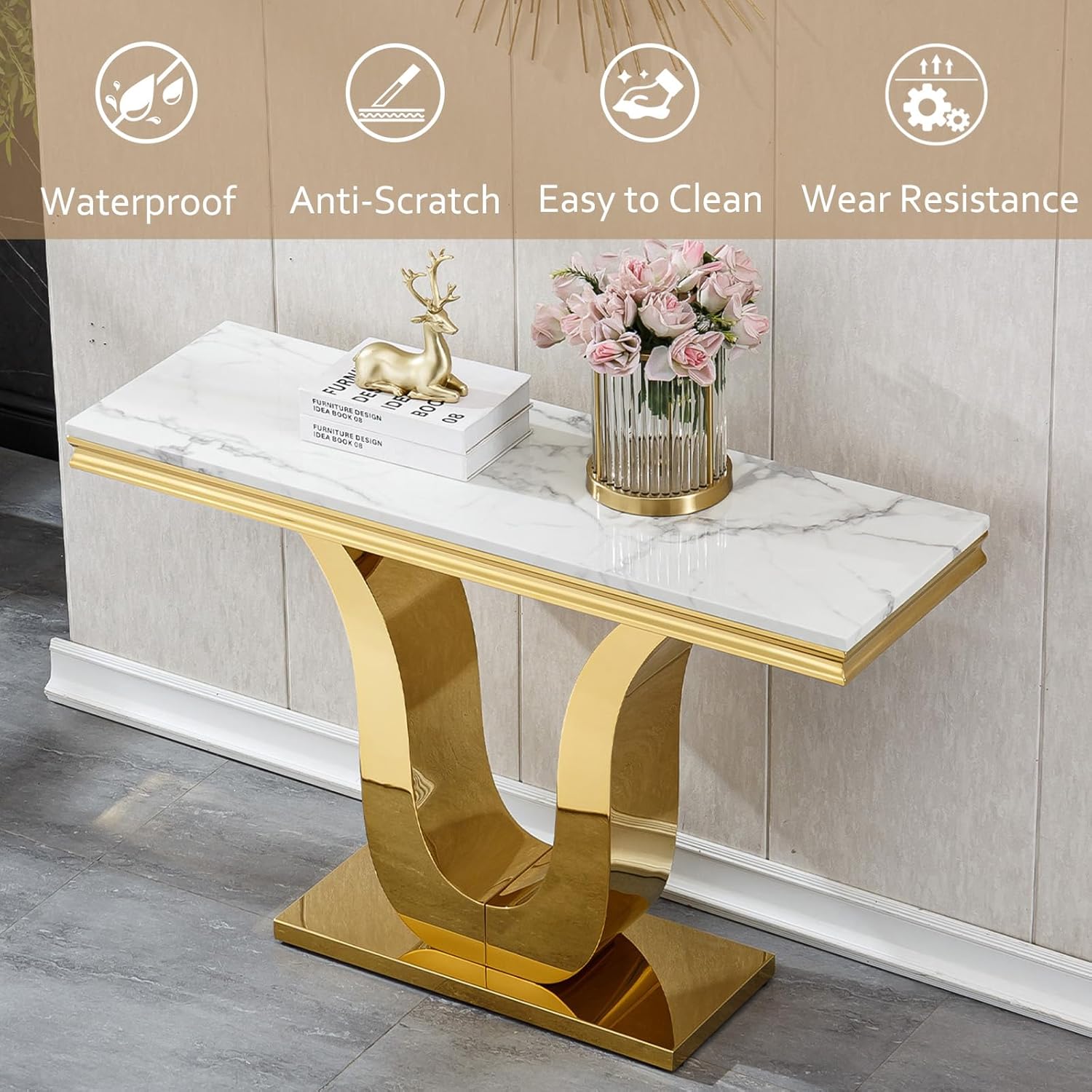 Faux Marble Living Room Table,Modern 46.85 inch Marble Console Entryway Table with Mirror Stainless Steel Frame for Living Room