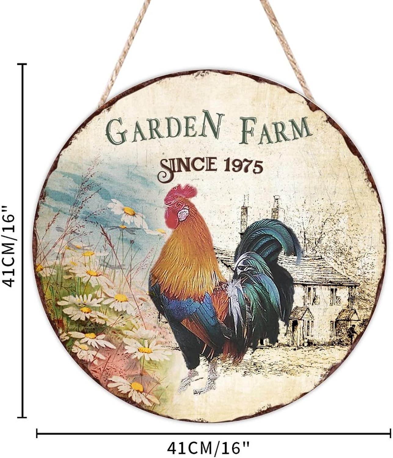 Vintage Front Door Round Wood Sign, Garden Farm Since 1975 Wood Door Sign, Chicken 16x16in Wall Hanging Sign Plaque Farmhouse Backyard Door Hanger Wall Decor Housewarming Gifts