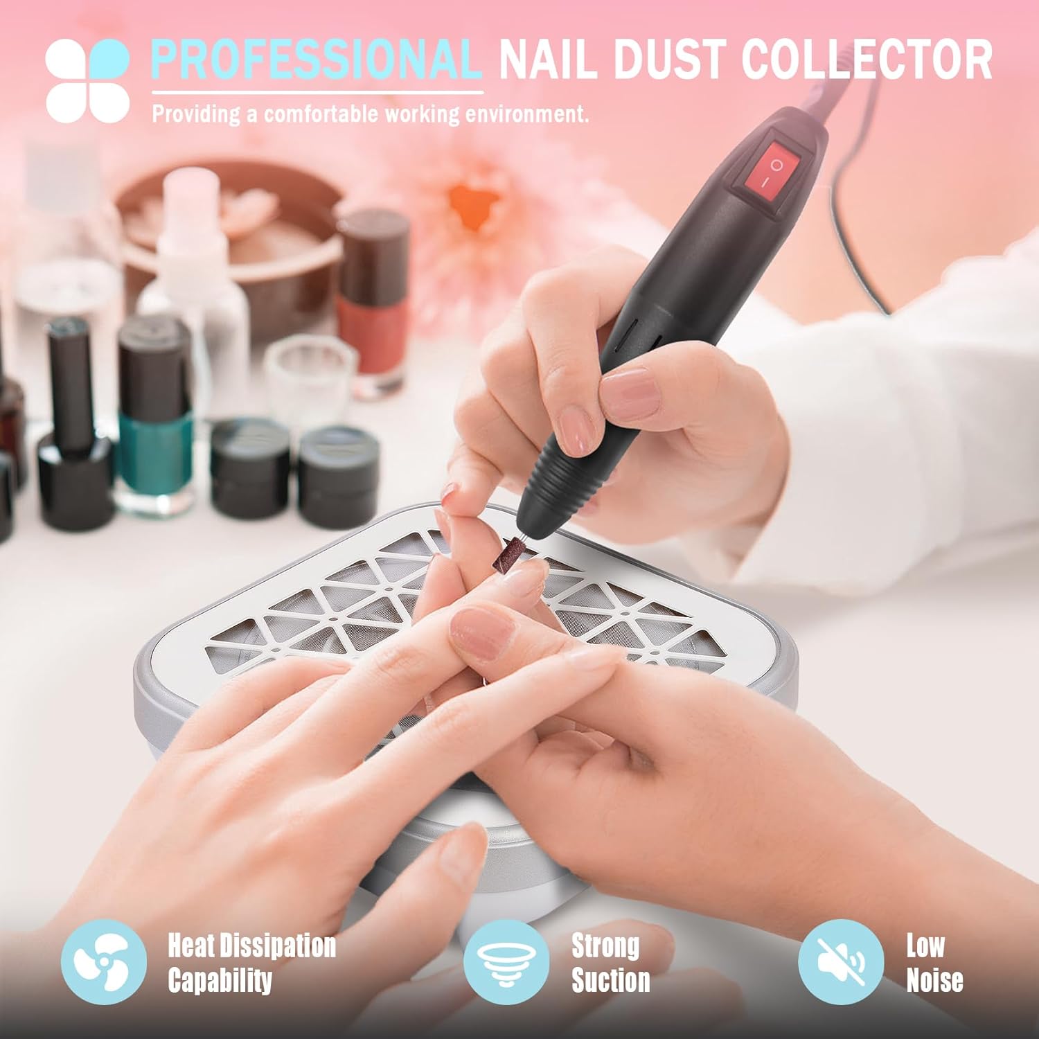 JAYWAYNE Nail Dust Collector for Nail Tech Powerful Nail Vacuum Cleaner with Stepless Speed Control and Disposable Filter Nail Fan Dust Collector Suitable for Acrylic Nails, Nail Salons and DIY