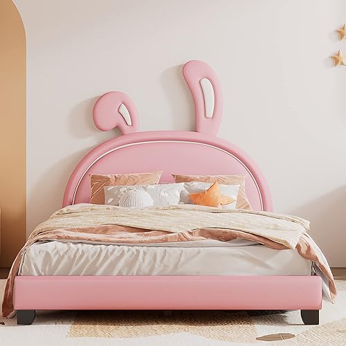 Miniatura 3 de Base de cama para niños de tamaño matrimonial con cabecera en forma de orejas de conejo, base de cama matrimonial para niños con piel sintética de