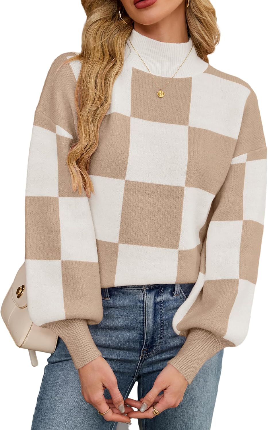Womens Oversized Cute Checkered Sweater Fall 2025 Trendy Preppy Chunky Knit Mock Neck Long Sleeve Pullover Sweaters
