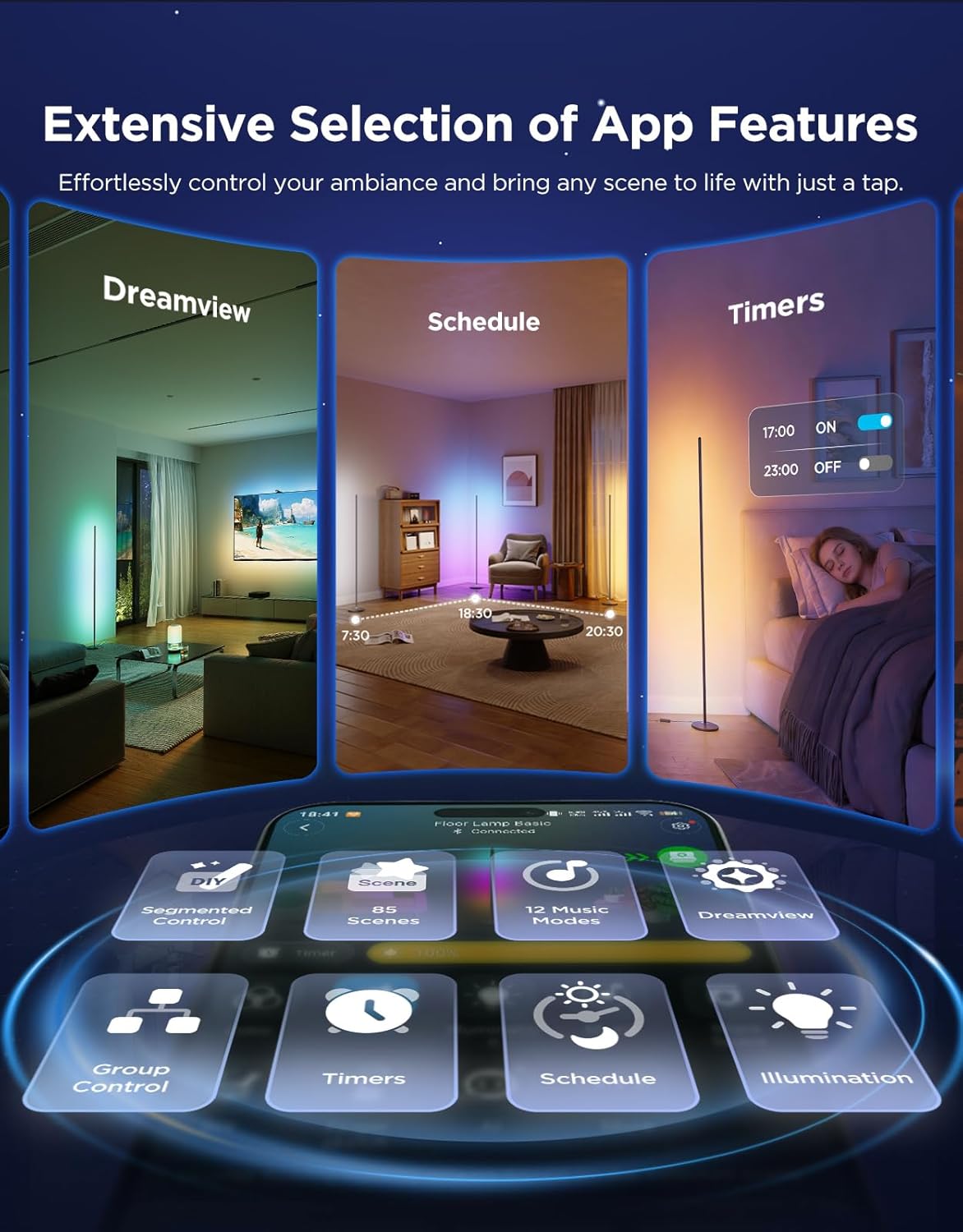 Govee RGBIC Floor Lamp Basic, 1000lm LED Corner Lamp Compatible with SmartThings, Alexa, and Matter, Modern Floor Lamp with Music Sync and 16 Million DIY Colors, Standing Lamp for Bedroom Living Room