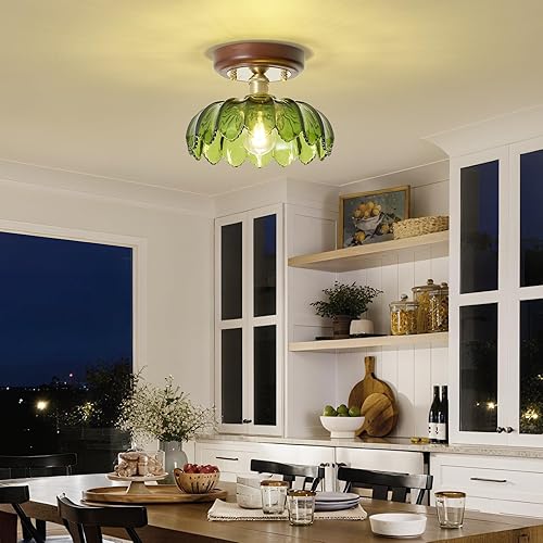 Miniatura 2 de Lámpara de techo semiempotrada de 10 pulgadas con base de cobre de vidrio verde, lámpara de techo vintage para pasillo, moderna lámpara de montaje