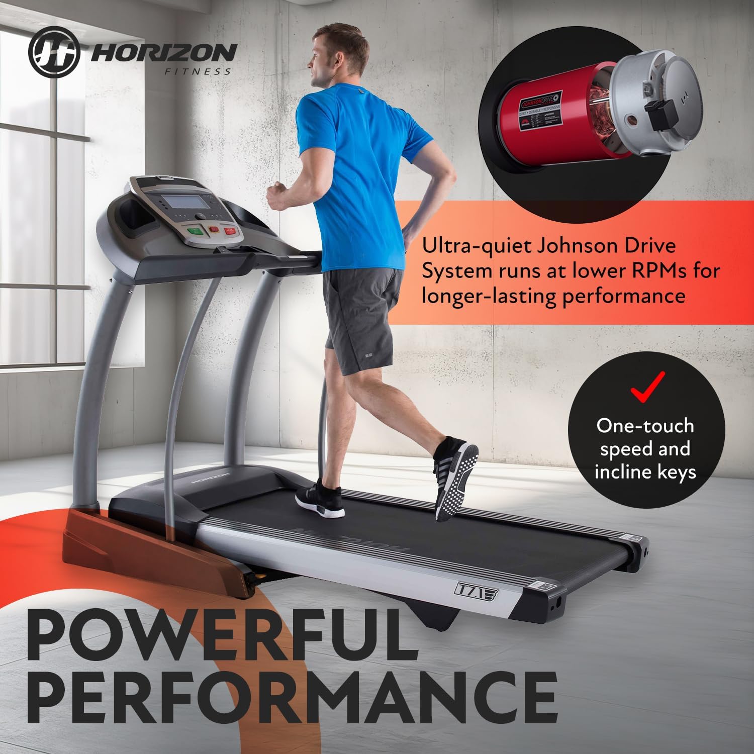 Man running on Horizon Fitness ELITE T 7.1 Treadmill, highlighting the motor and one-touch keys