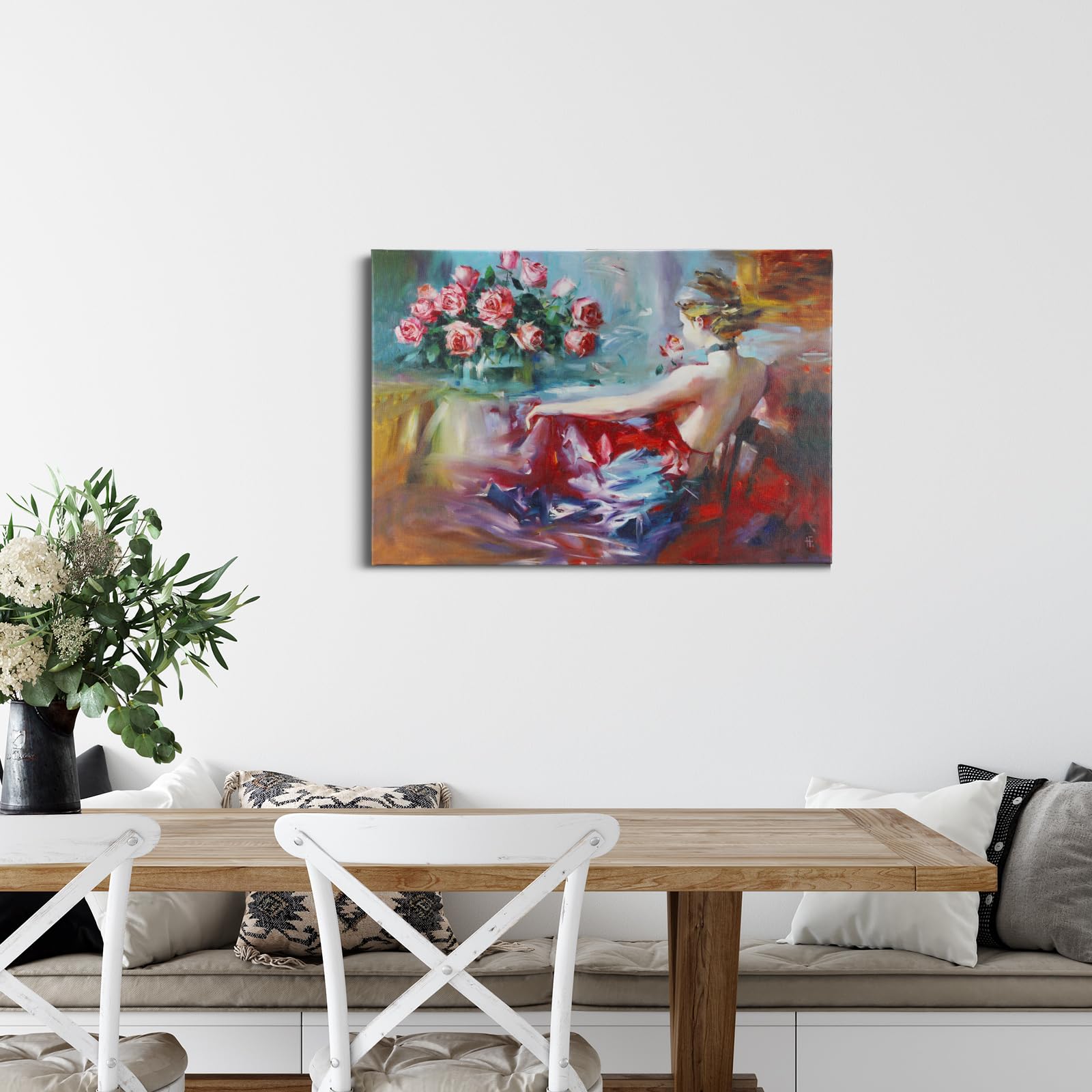 JBER Sztuka ścienna na płótnie, dekoracja stołu ściennego do sypialni, salonu, piękny prezent, obraz olejny na płótnie do pokoju - 60 x 40 cm (pełna wdzięku czerwona sukienka)