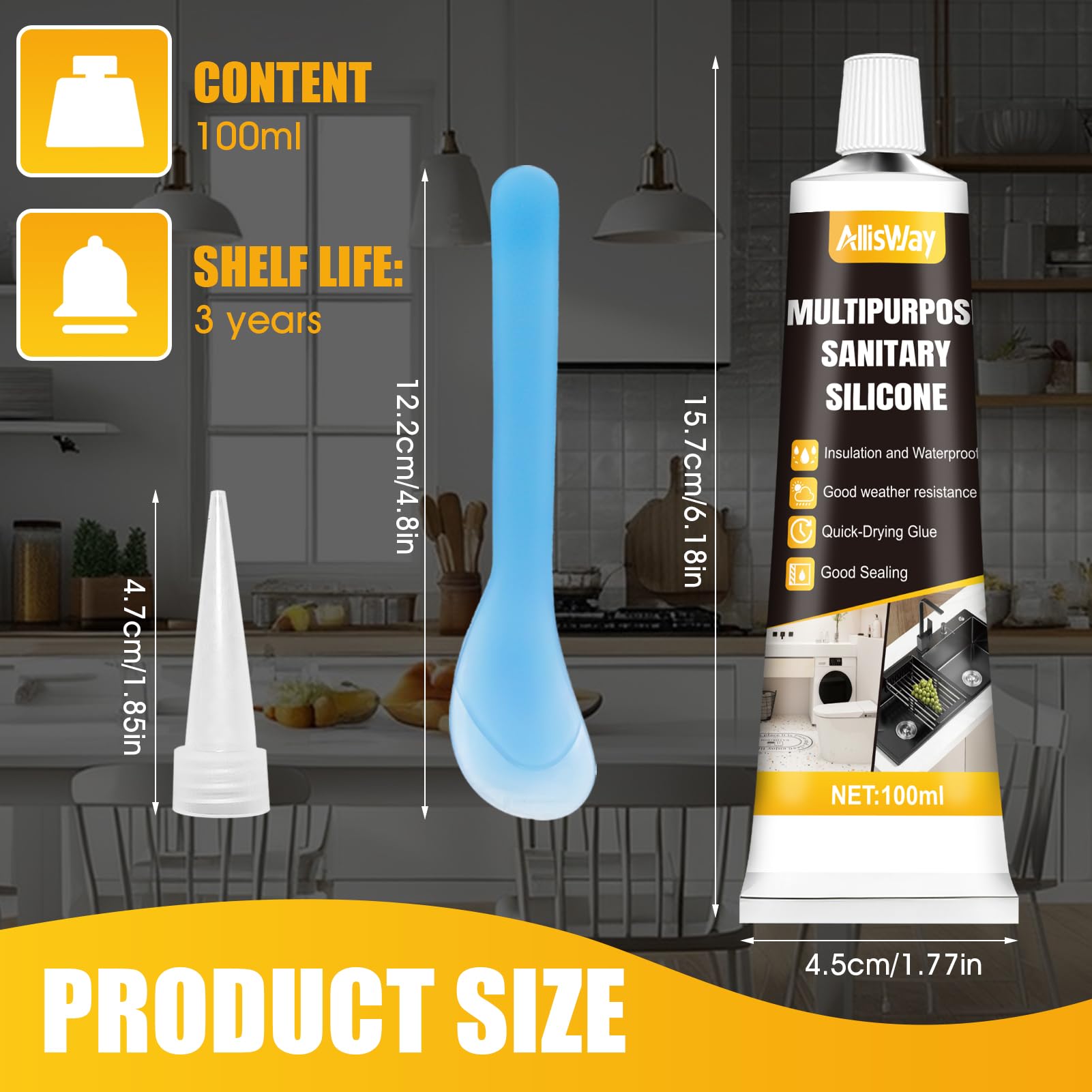 Silicone Nero,Silicone Doccia,Silicones Bagno, Impermeabile,Dotato di Raschietto e Ugello, Adatto per la Sigillatura di Lavandini, Ripiani e Vasche da Bagno, 100 ml，Nero
