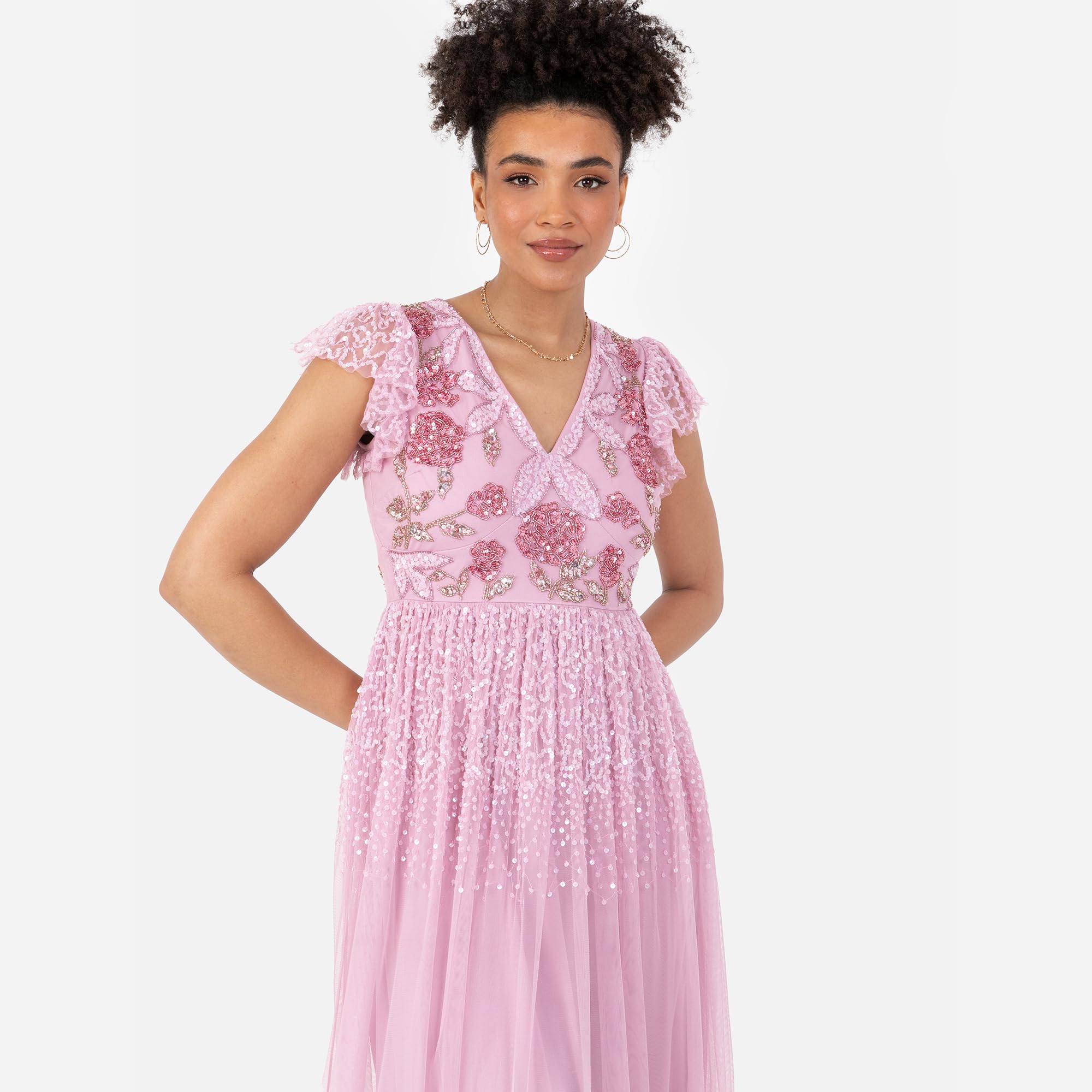 Maya Deluxe Women's Ladies Maxi Dress V-Neck Short Flutter Sleeves Floral Sequin Embellished Tulle A-Line Wedding Guest Bridesmaid Vestito Donna