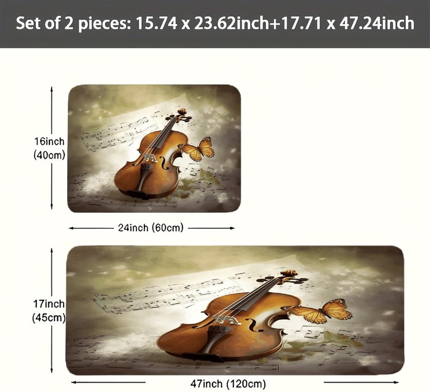 Butterfly and Cello Kitchen Mat Washable Non Slip Rugs Soft Kitchen Mats for Floor Set of 2 PCS Cushioned Absorbent Runner Standing Rugs for Home Sink Laundry Office