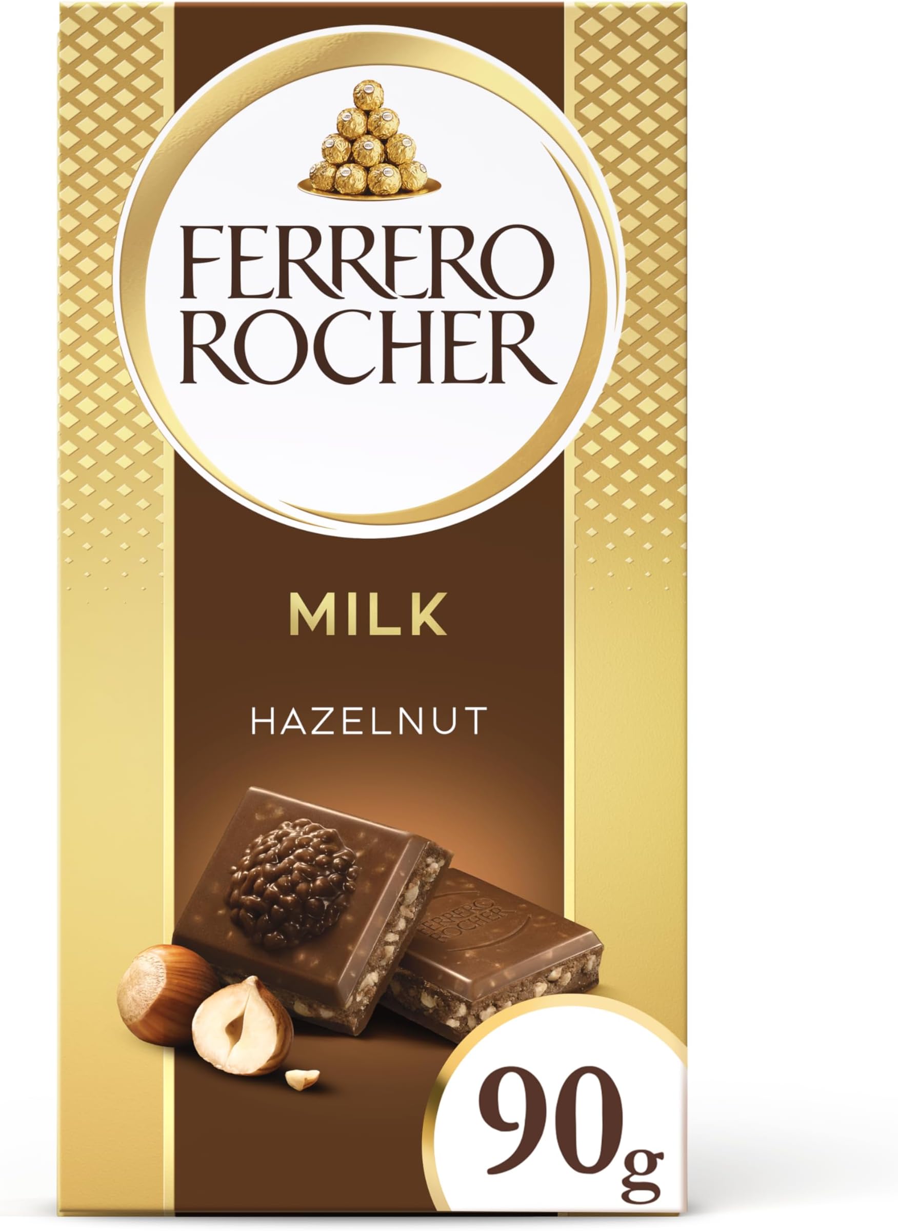 Ferrero Rocher Original Milk Chocolate Bars and Hazelnut, Party Food, Chocolate Hamper, Milk Chocolate with Crunchy Whole Hazelnut and Cocoa Filling, (90g)