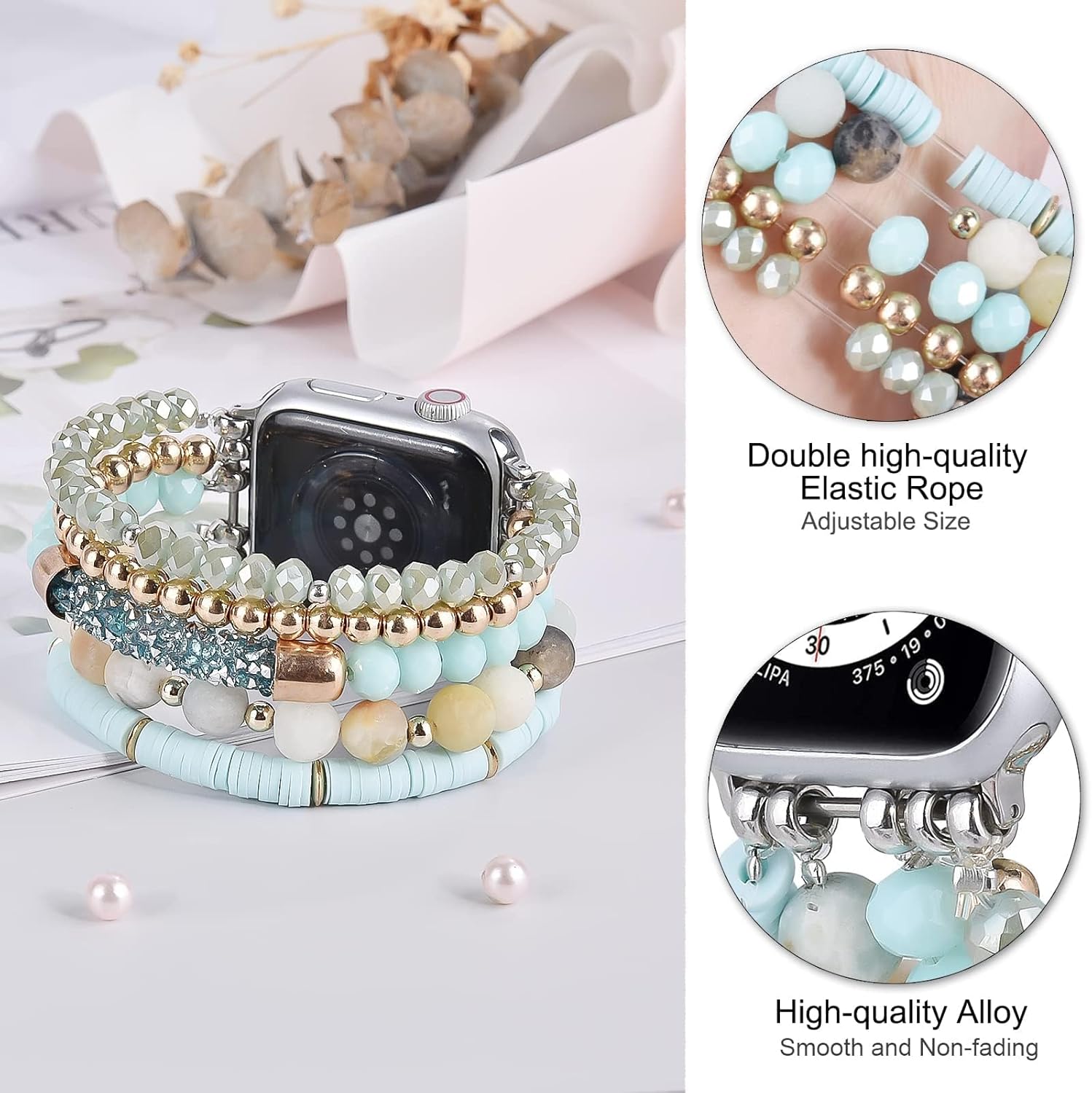 VISOOM Beaded Boho Bracelet Compatible for Apple Watch bands 38404142mm Women - Dressy iWatch Band Women for Apple Watch Series 11/10/SE/9/8/7/6/5/4/3/2/1, Bling Beaded Apple Watch Bracelet Band