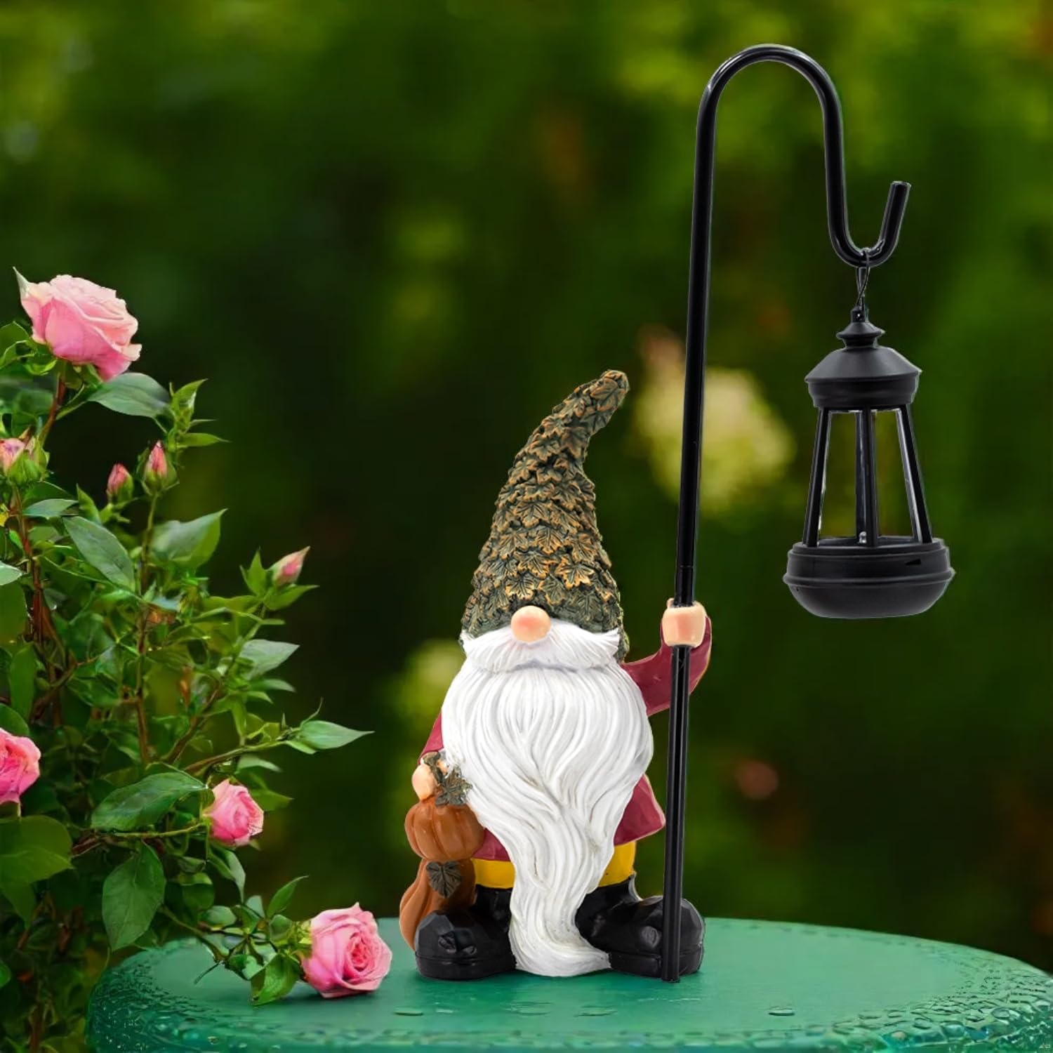 Garden Gnome with Solar Lantern, Maple Leaves Hat, Outdoor Garden Figurine Lights, Unique Gift for Women, Mom, Friends (Maple Leaves Gnomes)