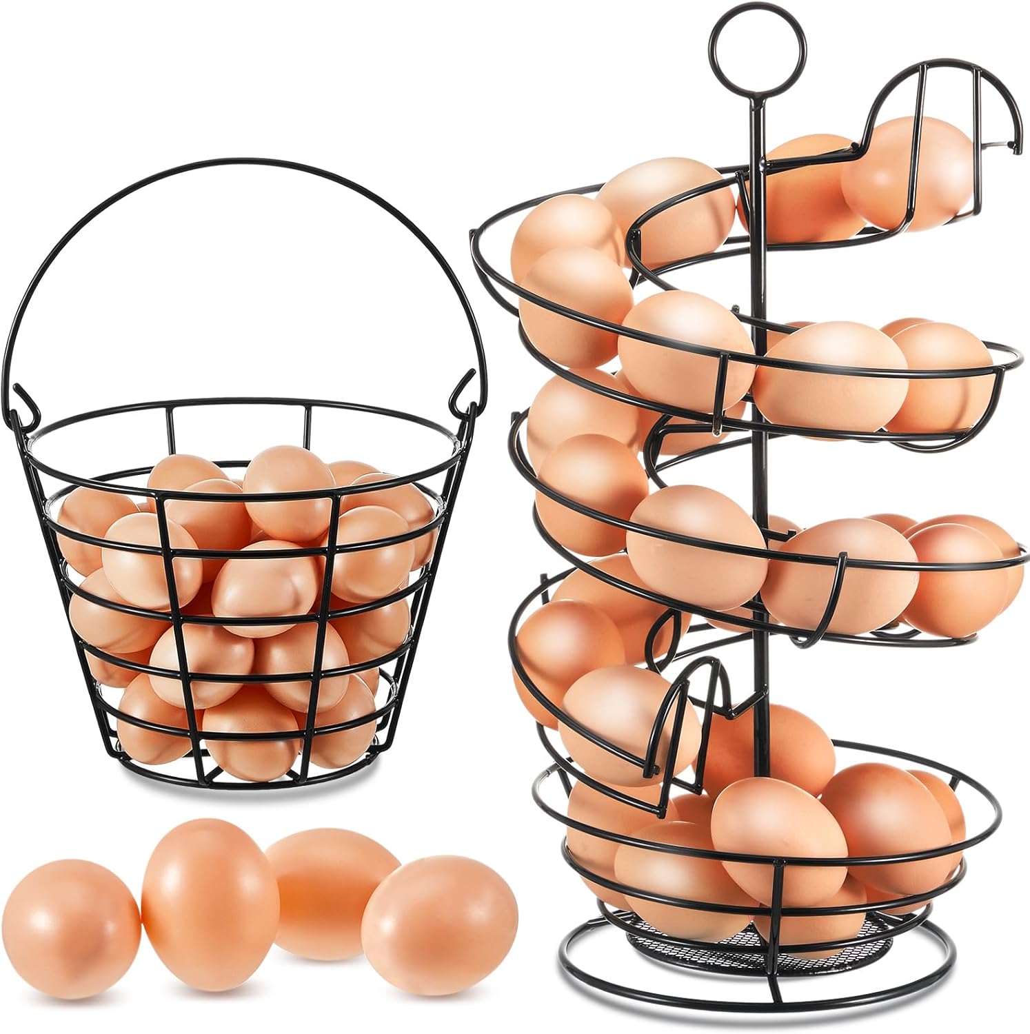 Zubebe 2 Pcs Egg Basket Storage, Spiral Fresh Egg Collecting Holder Countertop Metal Wire Rack Functional Dispenser for Kitchen Display(9.4'',handle Style)