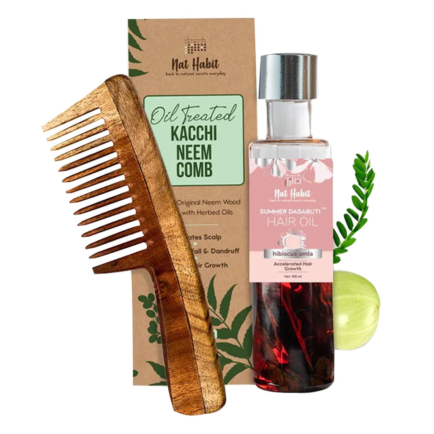 Nat Habit - Back To Natural Secrets Everyday Wide Tooth Wooden Kacchi Neem Comb & Hibiscus Dasabuti Hair Oil For Dry And Frizzy Hair, With Castor, Coconut & Amla (Combo Pack Of 2)